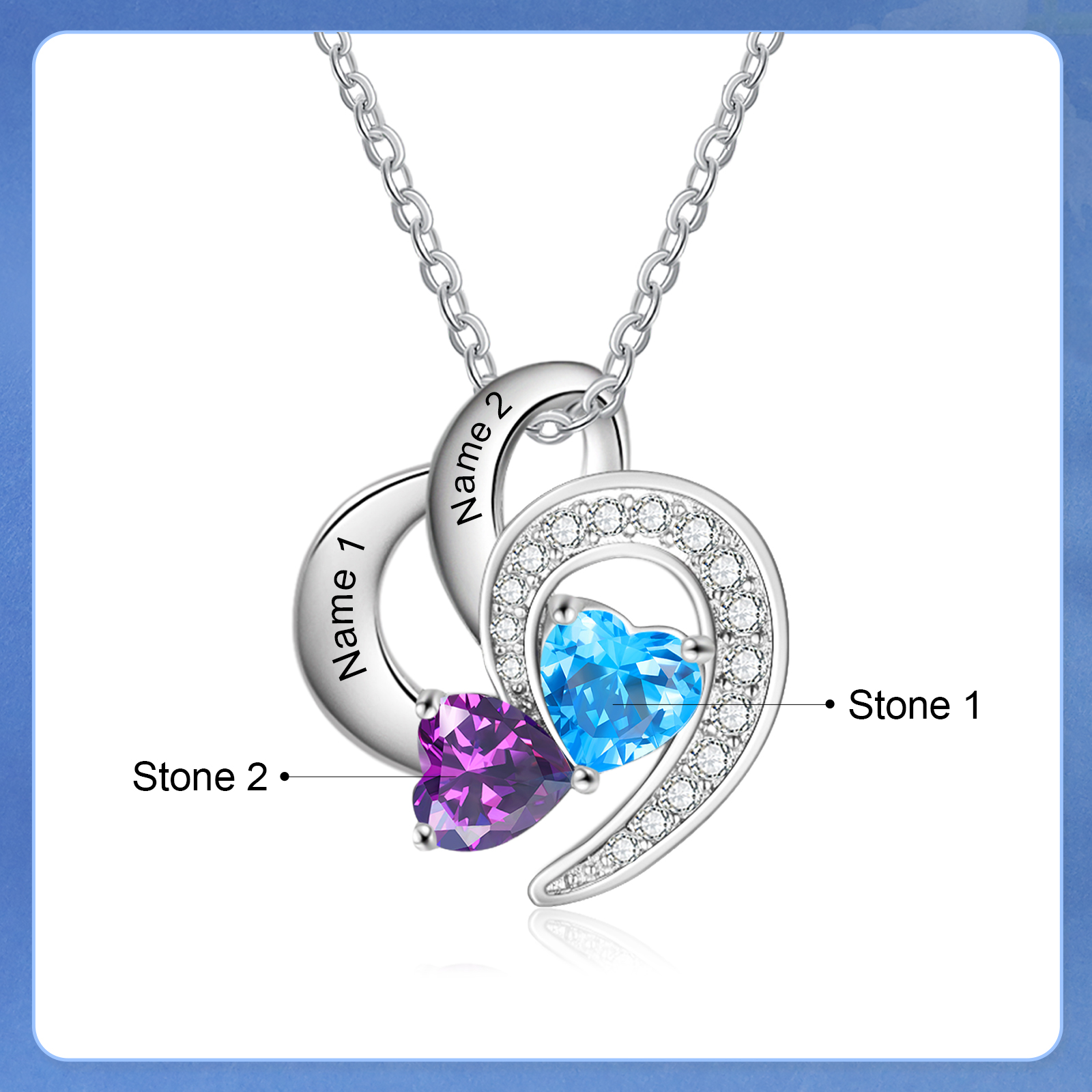 Personalised Heart Birthstone Necklace Custom 2 Names 2 Stones Mother Necklace Gift for Her-Jessemade AU