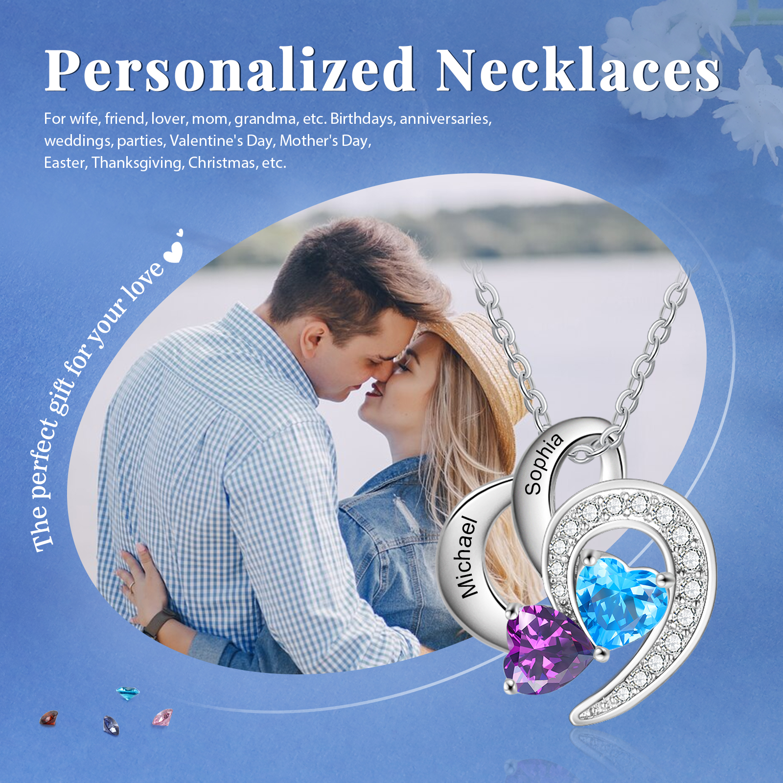 Personalised Heart Birthstone Necklace Custom 2 Names 2 Stones Mother Necklace Gift for Her-Jessemade AU