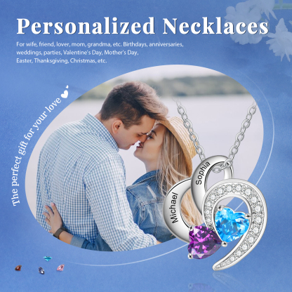 Personalised Heart Birthstone Necklace Custom 2 Names 2 Stones Mother Necklace Gift for Her-Jessemade AU