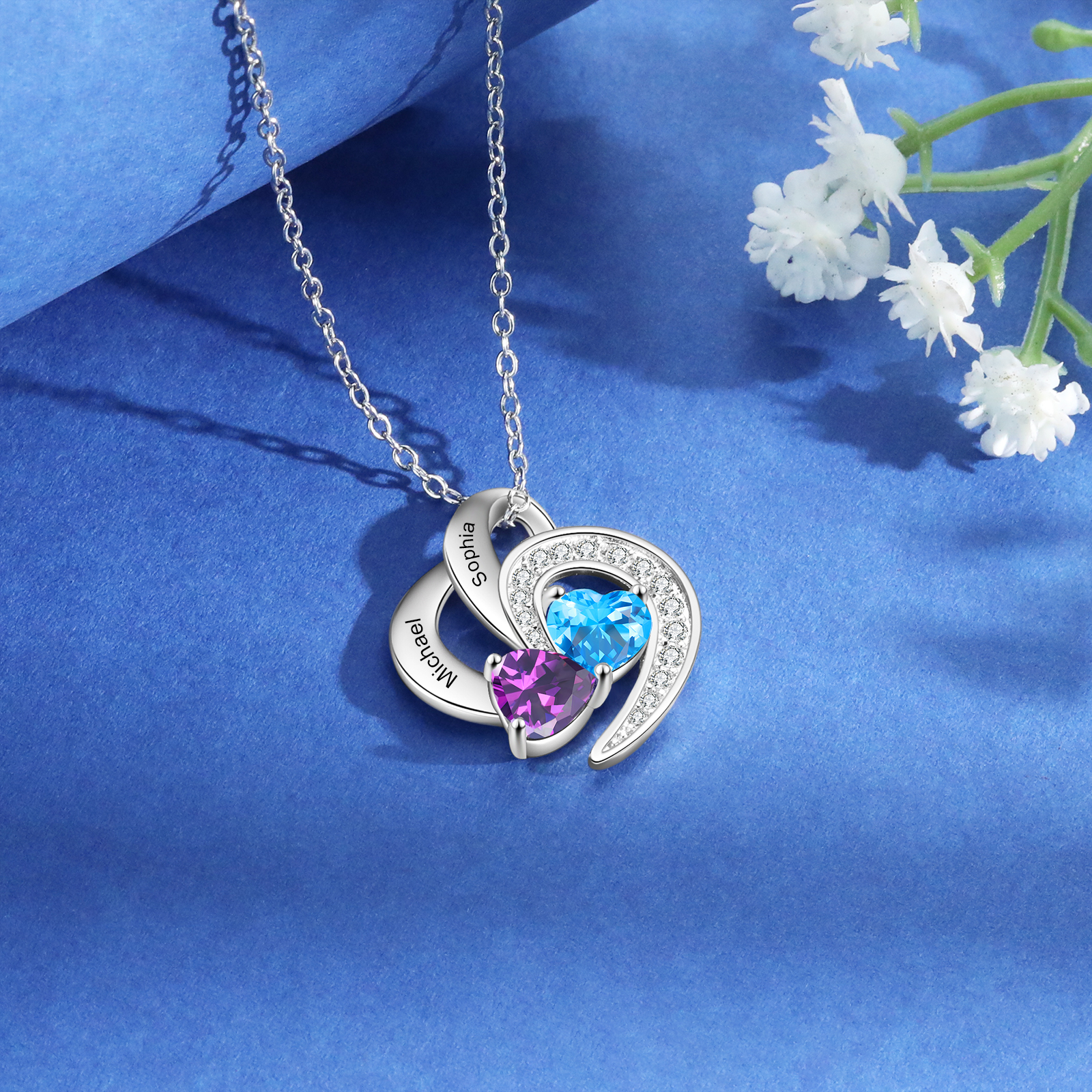 Personalised Heart Birthstone Necklace Custom 2 Names 2 Stones Mother Necklace Gift for Her-Jessemade AU