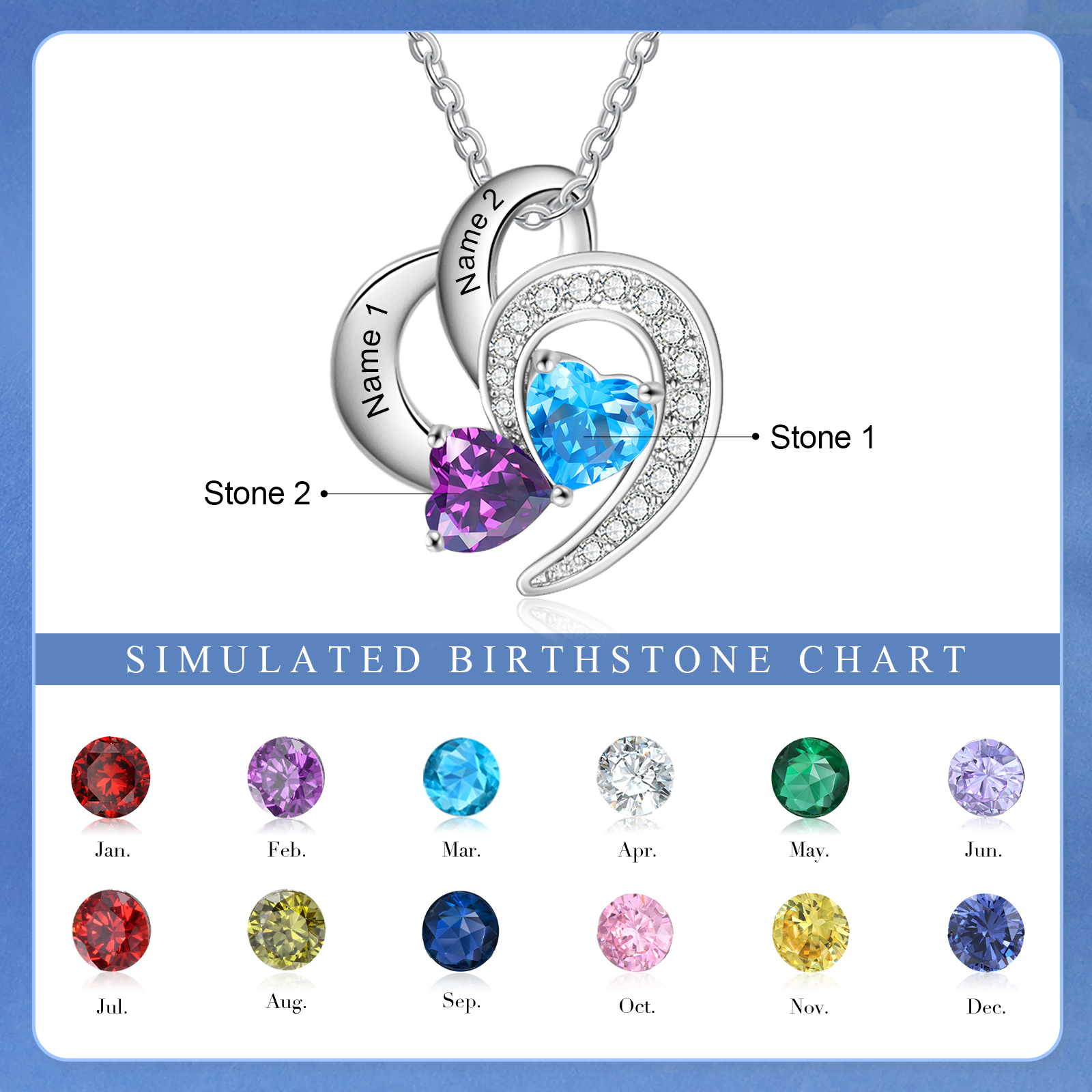 Personalised Heart Birthstone Necklace Custom 2 Names 2 Stones Mother Necklace Gift for Her-Jessemade AU