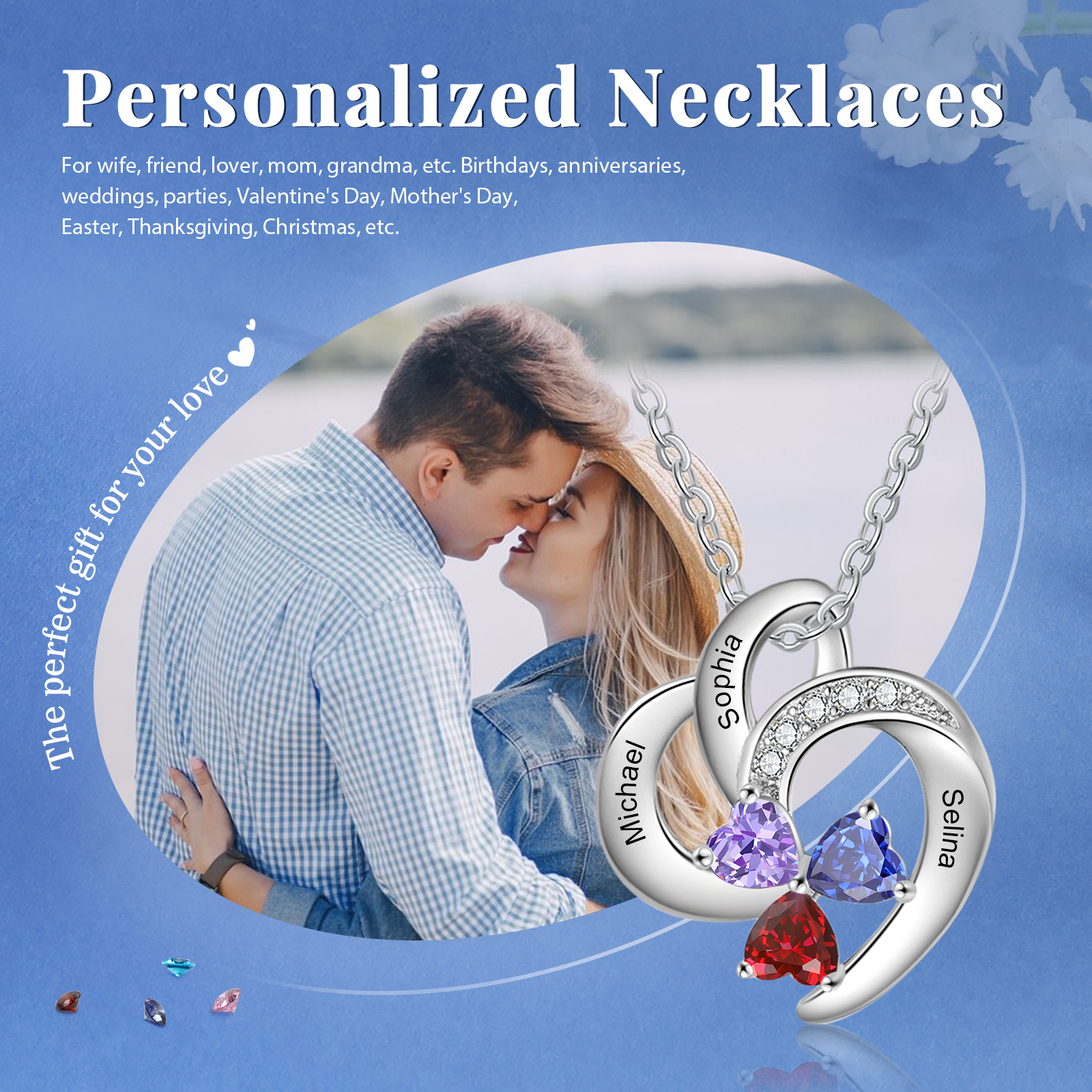 Personalised Heart Birthstone Necklace Custom 3 Names 3 Stones Mother Necklace Gift for Her-Jessemade AU