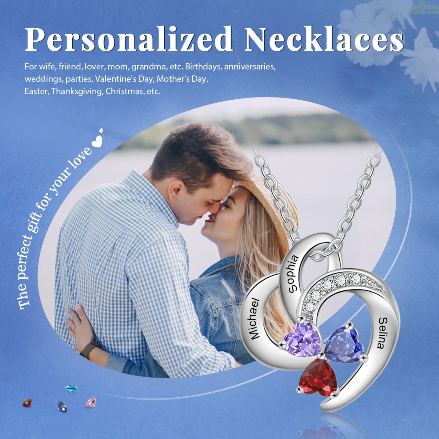 Personalised Heart Birthstone Necklace Custom 3 Names 3 Stones Mother Necklace Gift for Her-Jessemade AU