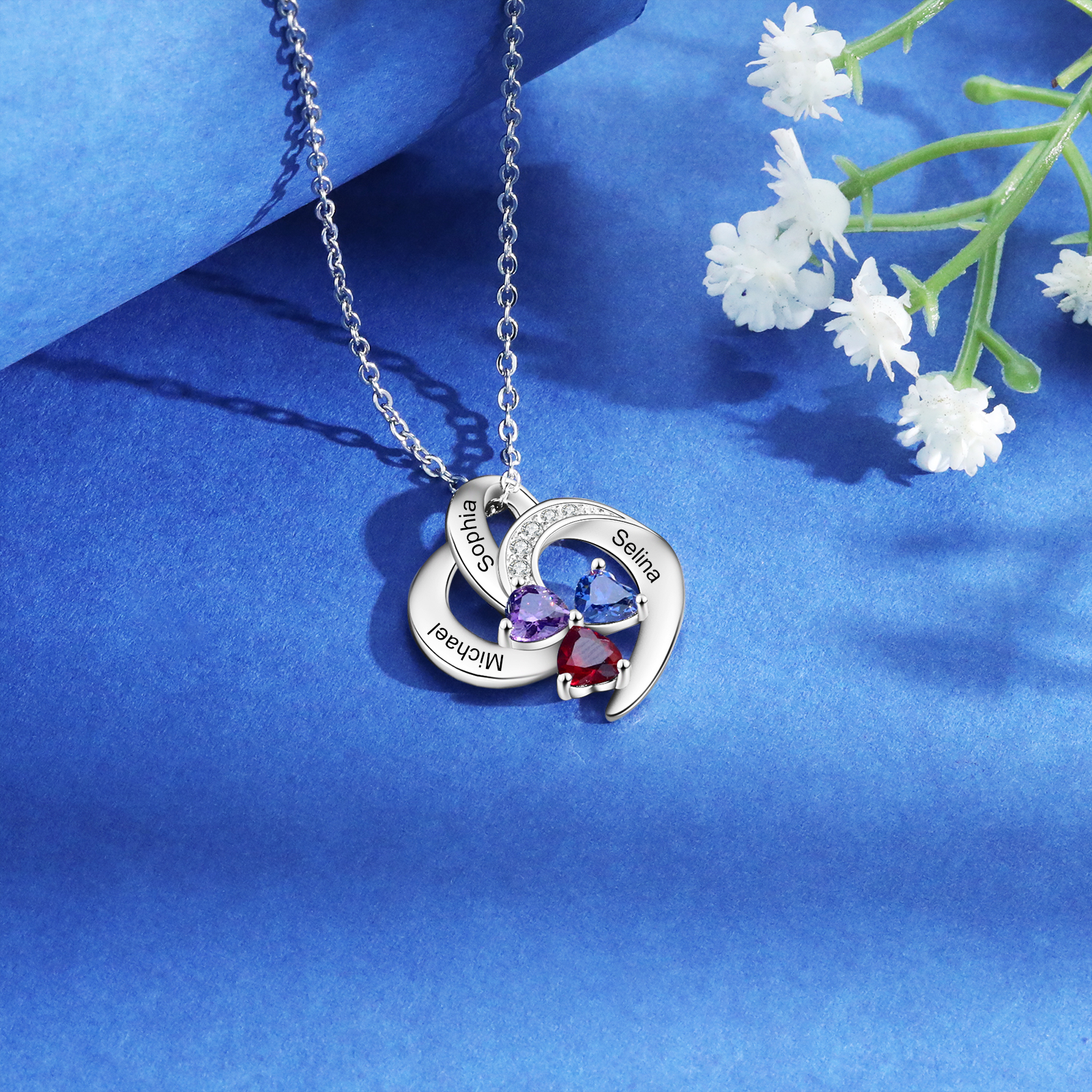 Personalised Heart Birthstone Necklace Custom 3 Names 3 Stones Mother Necklace Gift for Her-Jessemade AU