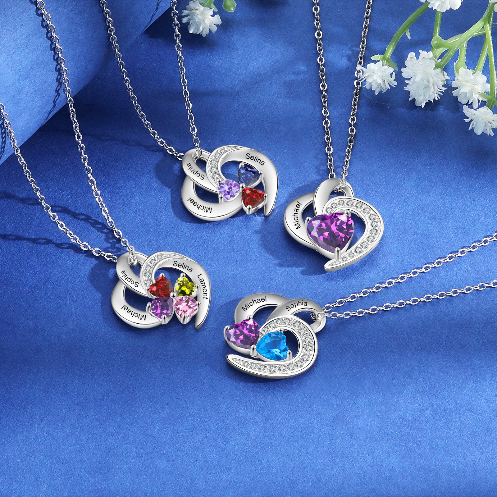 Personalised Heart Birthstone Necklace Custom 3 Names 3 Stones Mother Necklace Gift for Her-Jessemade AU