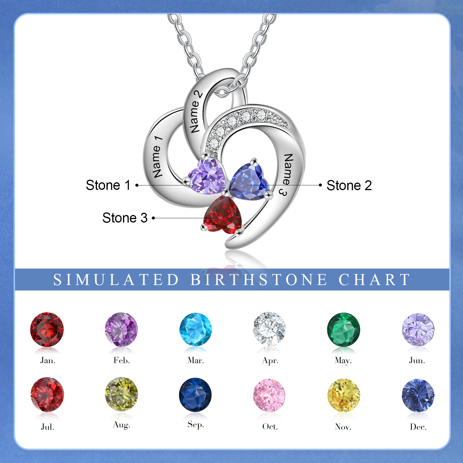 Personalised Heart Birthstone Necklace Custom 3 Names 3 Stones Mother Necklace Gift for Her-Jessemade AU