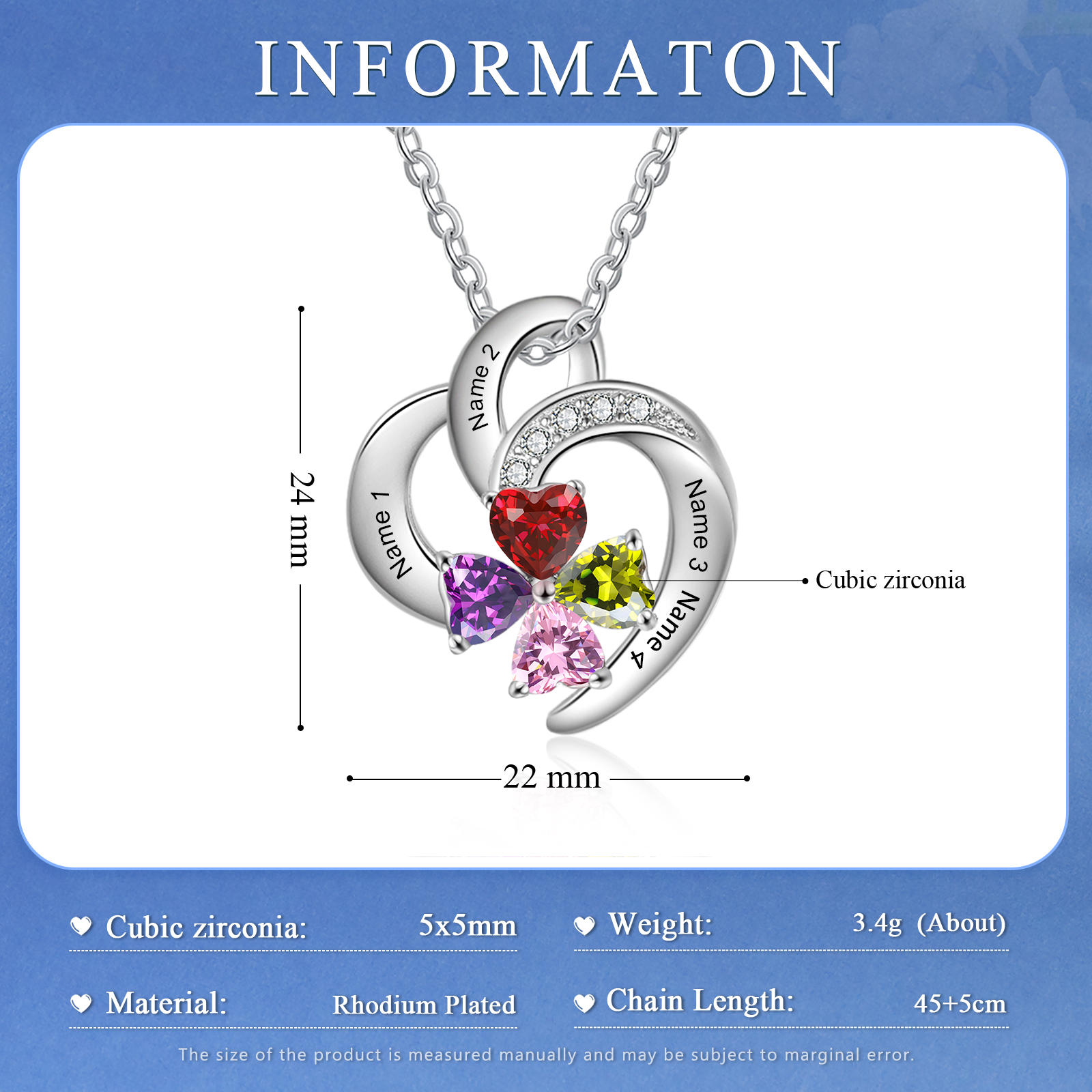 Personalised Heart Birthstone Necklace Custom 4 Names 4 Stones Mother Necklace Gift for Her-Jessemade AU