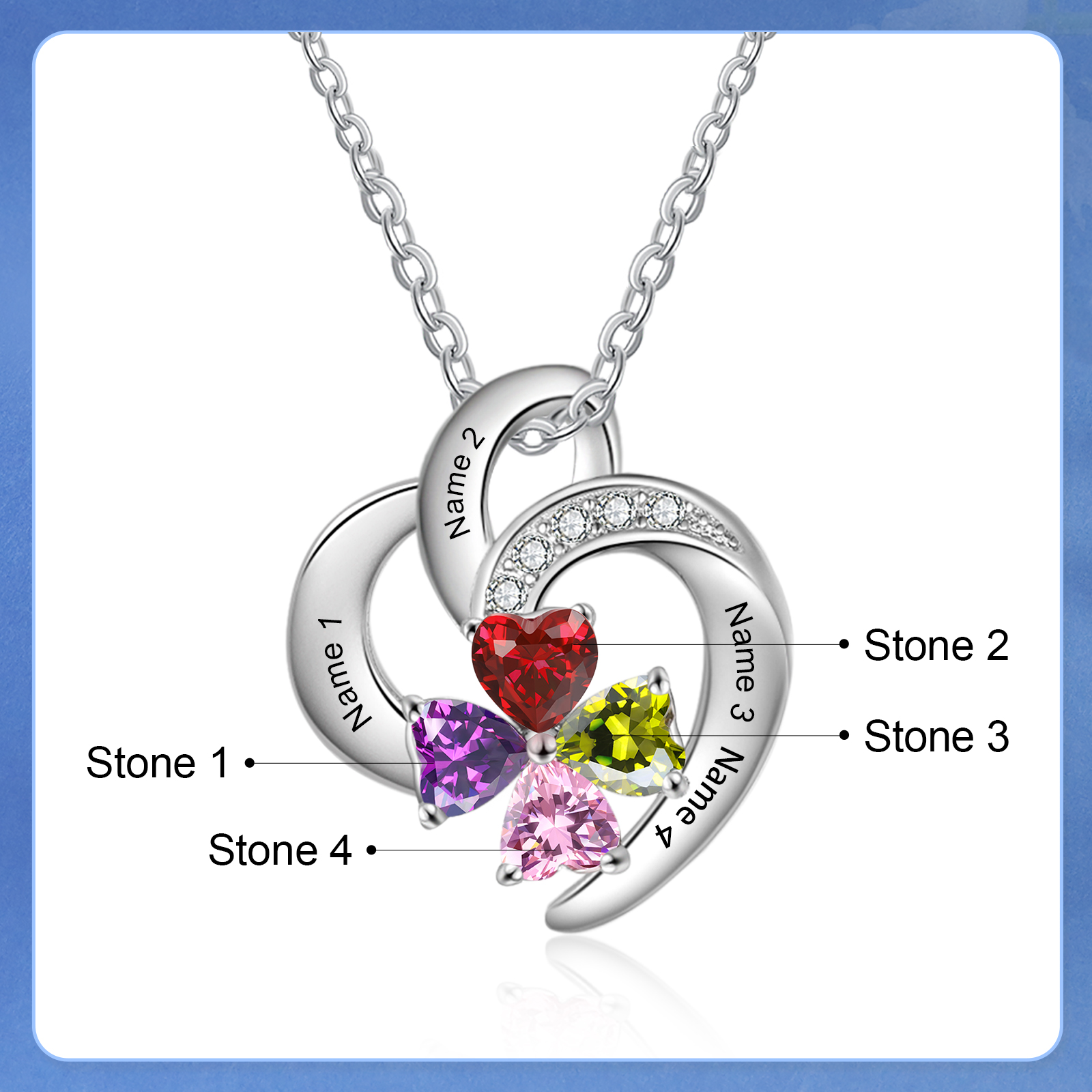 Personalised Heart Birthstone Necklace Custom 4 Names 4 Stones Mother Necklace Gift for Her-Jessemade AU