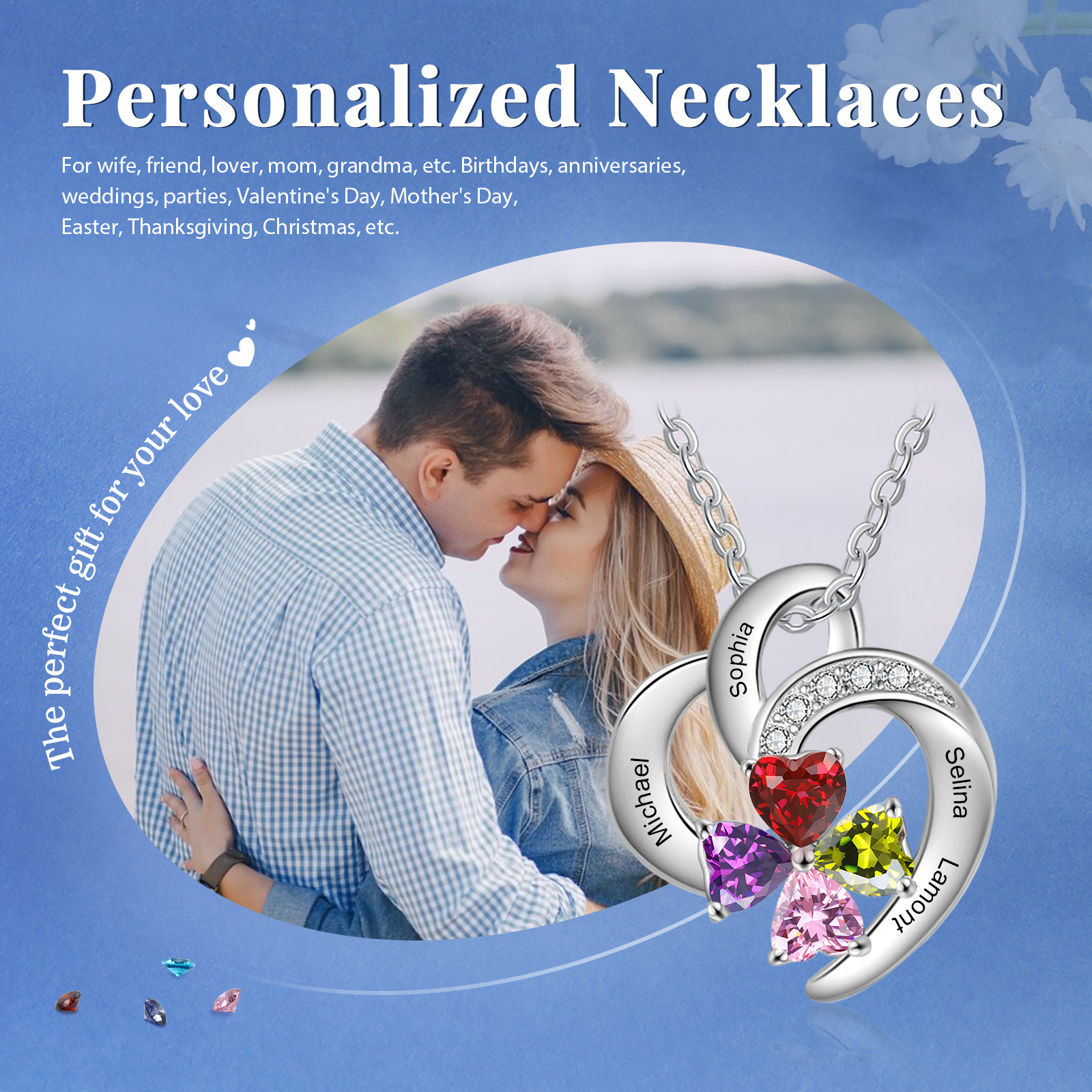 Personalised Heart Birthstone Necklace Custom 4 Names 4 Stones Mother Necklace Gift for Her-Jessemade AU