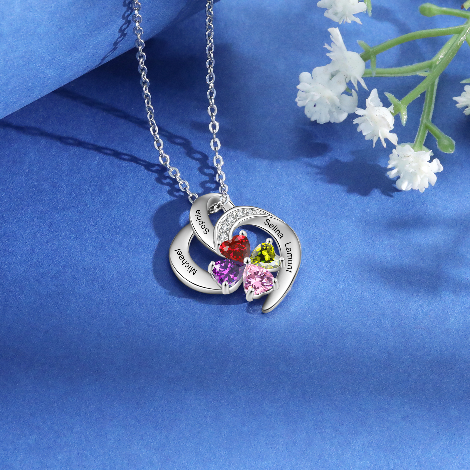 Personalised Heart Birthstone Necklace Custom 4 Names 4 Stones Mother Necklace Gift for Her-Jessemade AU