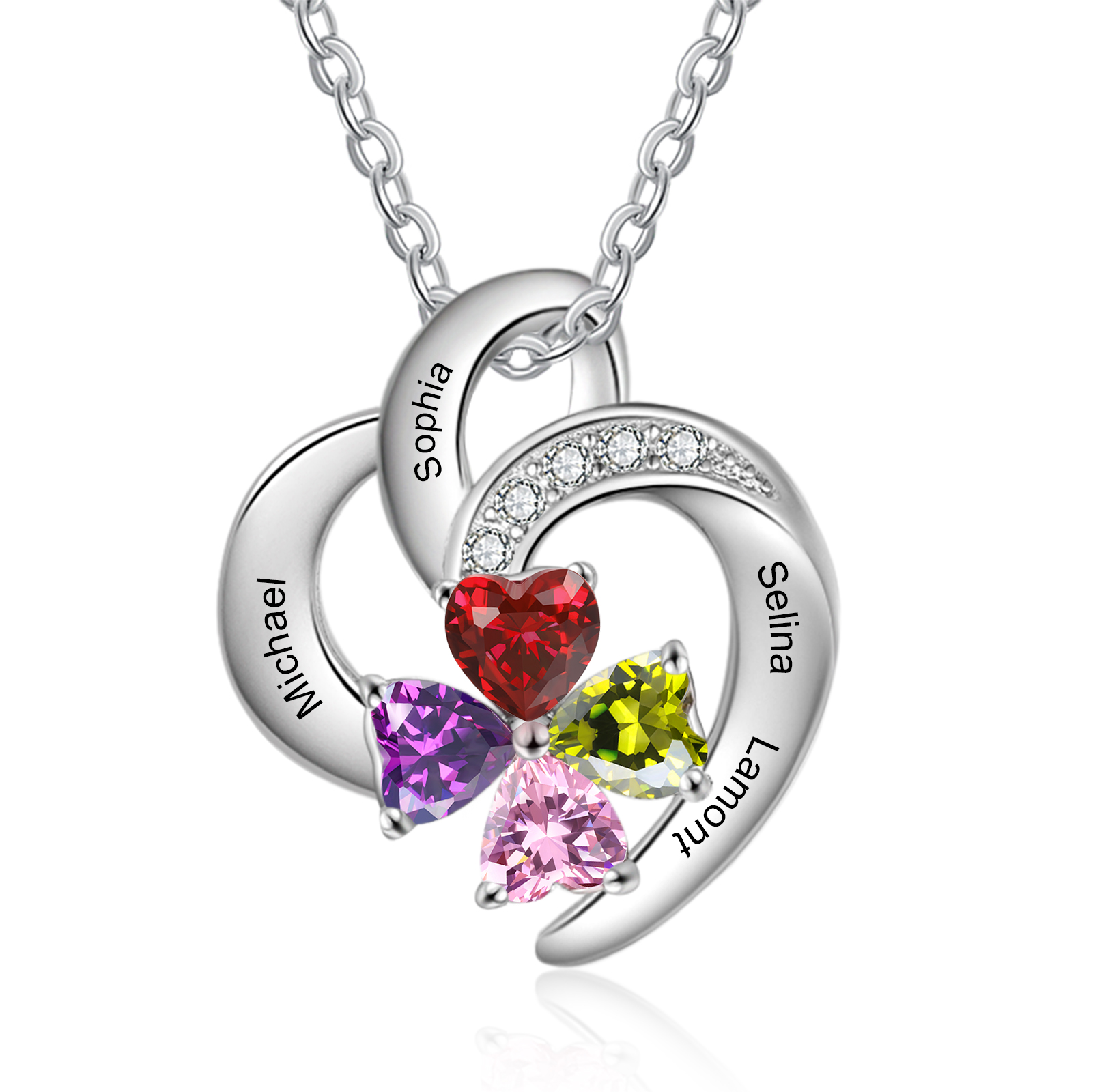 Personalised Heart Birthstone Necklace Custom 4 Names 4 Stones Mother Necklace Gift for Her-Jessemade AU