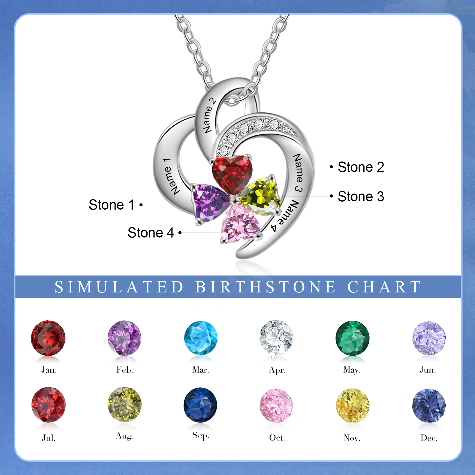 Personalised Heart Birthstone Necklace Custom 4 Names 4 Stones Mother Necklace Gift for Her-Jessemade AU
