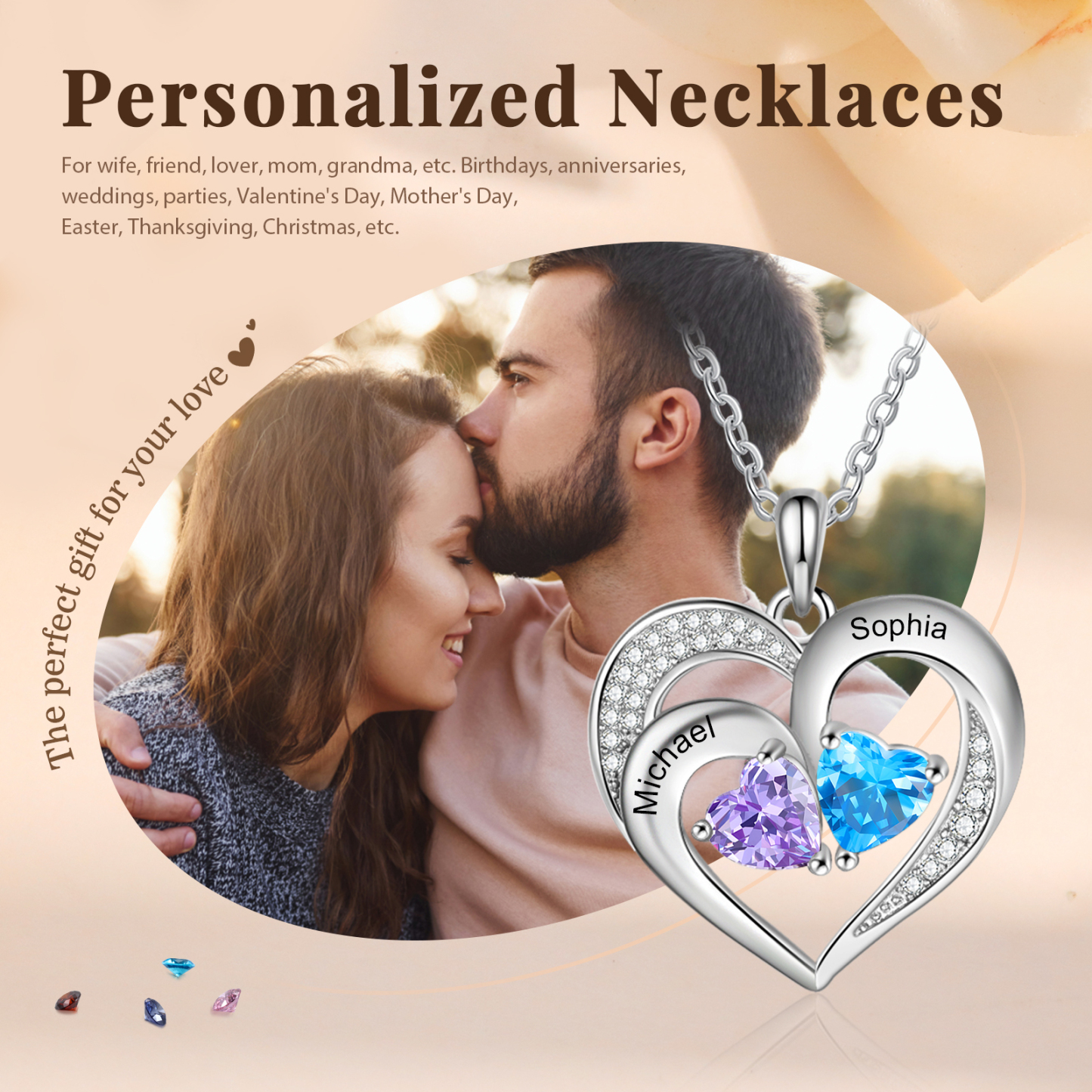 Custom 2 Names Personalised Heart Birthstone Necklace Gift for Mother Necklace Birthday Gift for Her-Jessemade AU