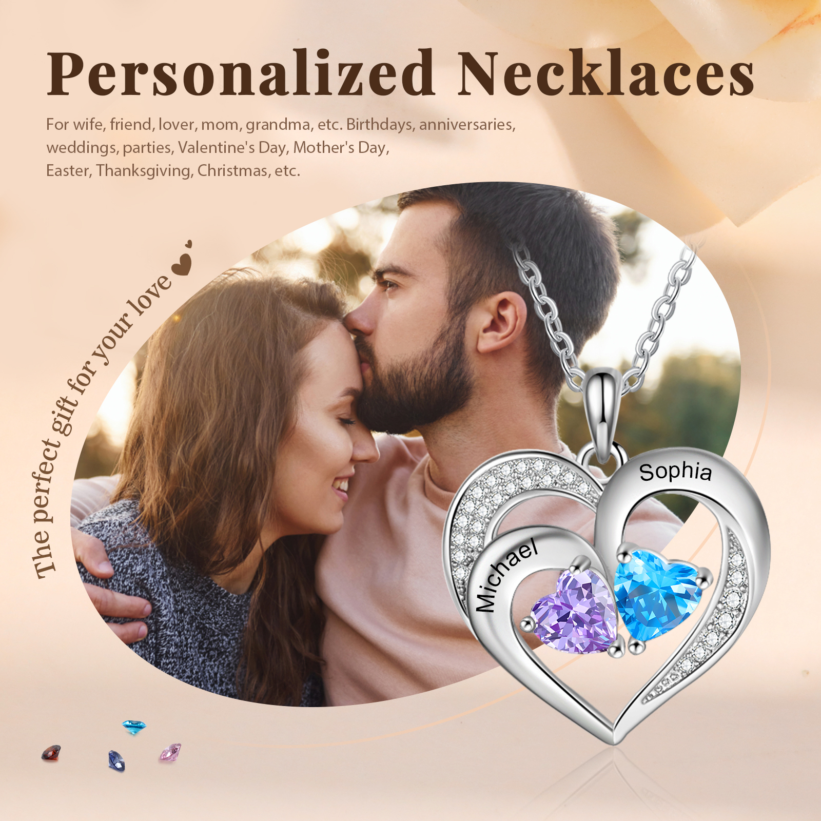 Custom 2 Names Personalised Heart Birthstone Necklace Gift for Mother Necklace Birthday Gift for Her-Jessemade AU