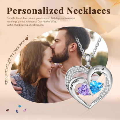 Custom 2 Names Personalised Heart Birthstone Necklace Gift for Mother Necklace Birthday Gift for Her-Jessemade AU