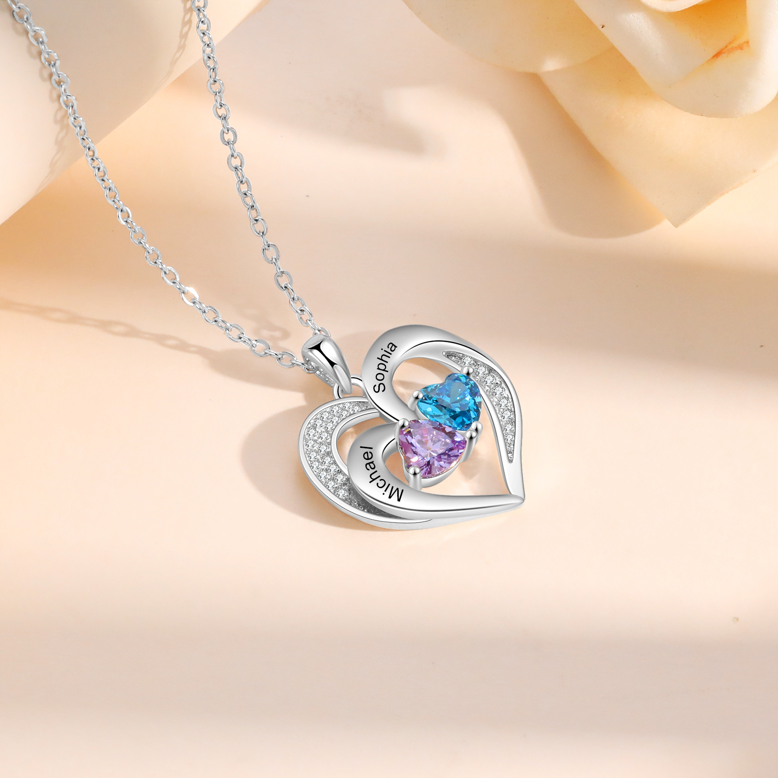 Custom 2 Names Personalised Heart Birthstone Necklace Gift for Mother Necklace Birthday Gift for Her