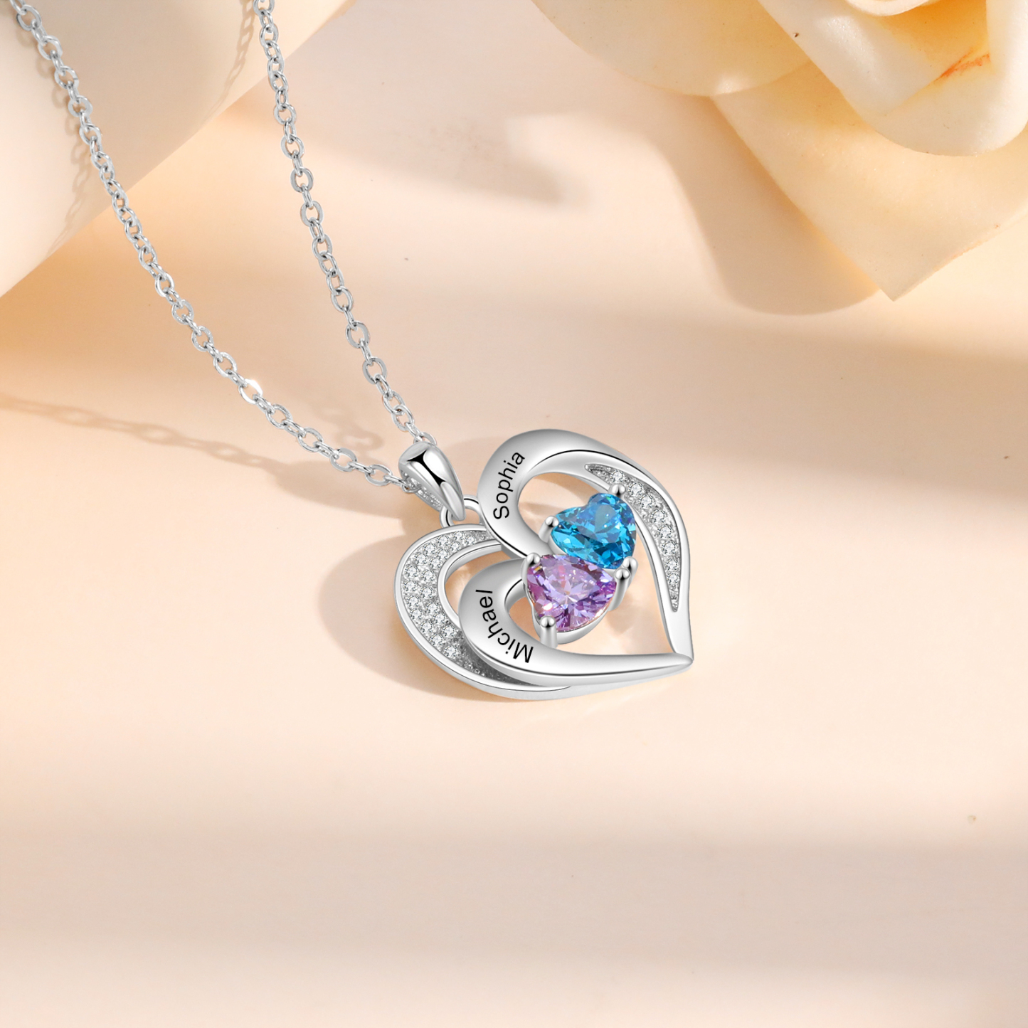 Custom 2 Names Personalised Heart Birthstone Necklace Gift for Mother Necklace Birthday Gift for Her-Jessemade AU