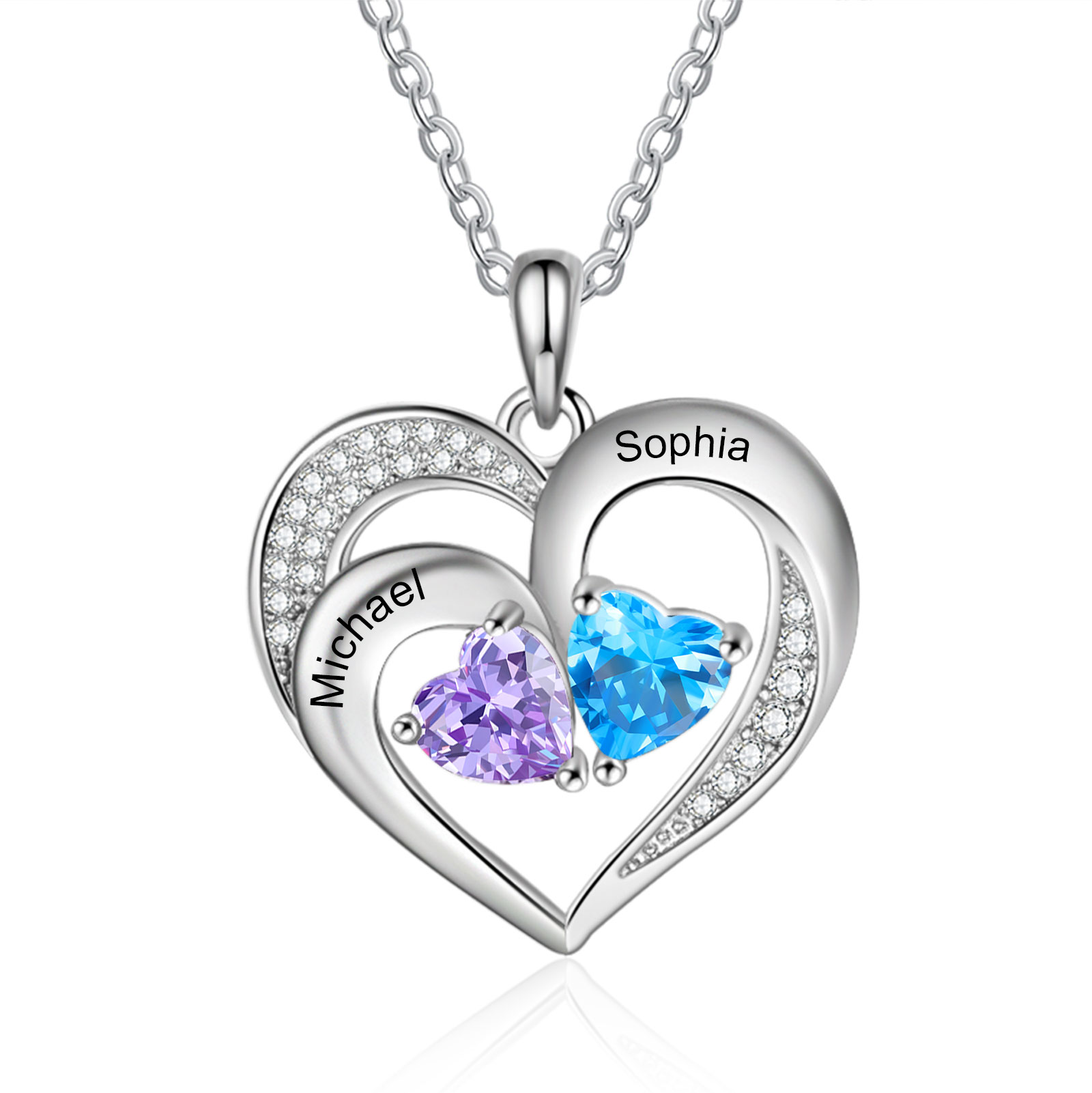 Custom 2 Names Personalised Heart Birthstone Necklace Gift for Mother Necklace Birthday Gift for Her