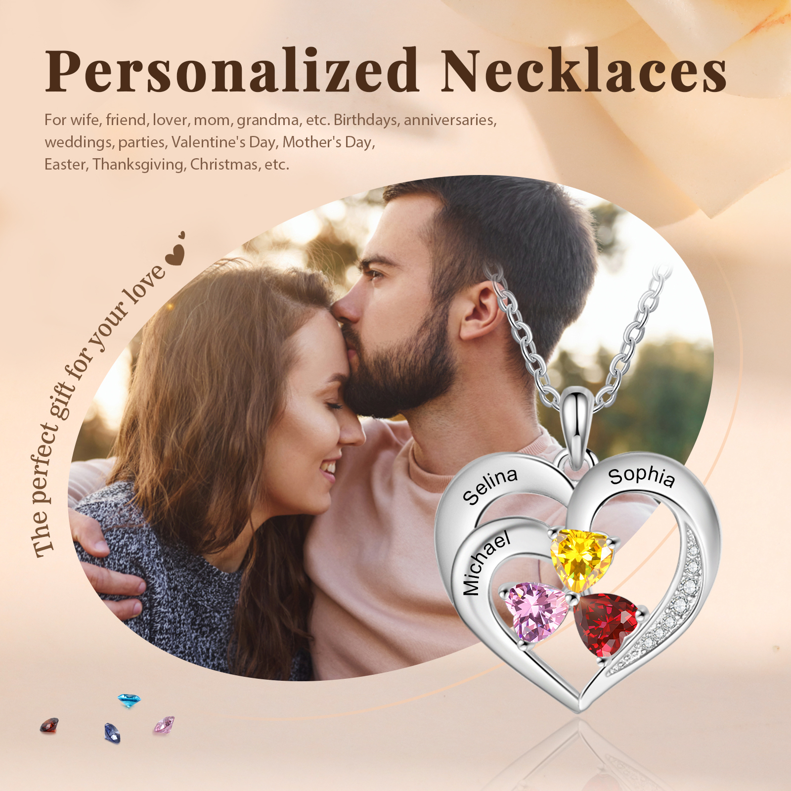 Custom 3 Names Personalised Heart Birthstone Necklace Gift for Mother Necklace Birthday Gift for Her-Jessemade AU
