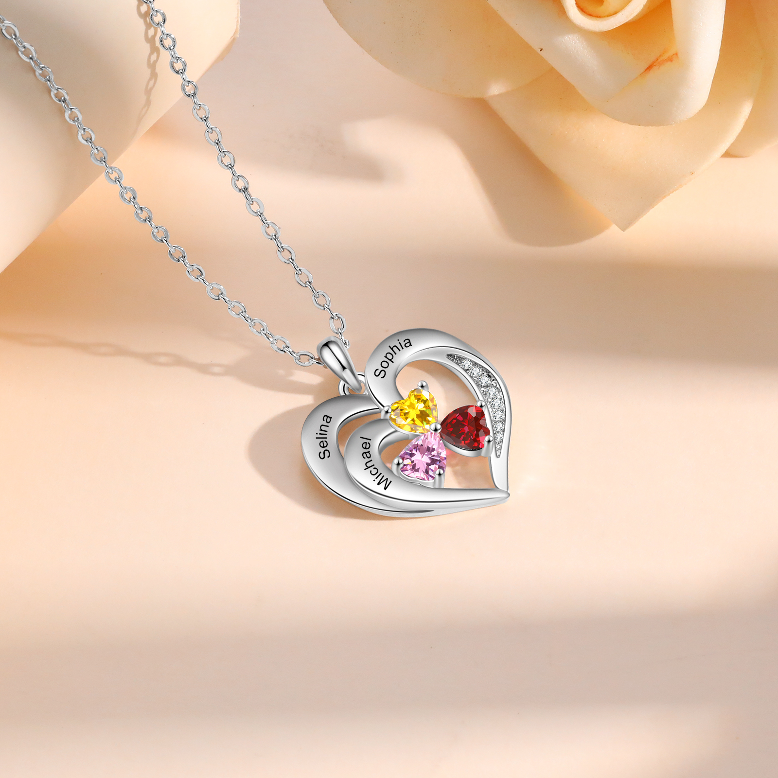 Custom 3 Names Personalised Heart Birthstone Necklace Gift for Mother Necklace Birthday Gift for Her-Jessemade AU