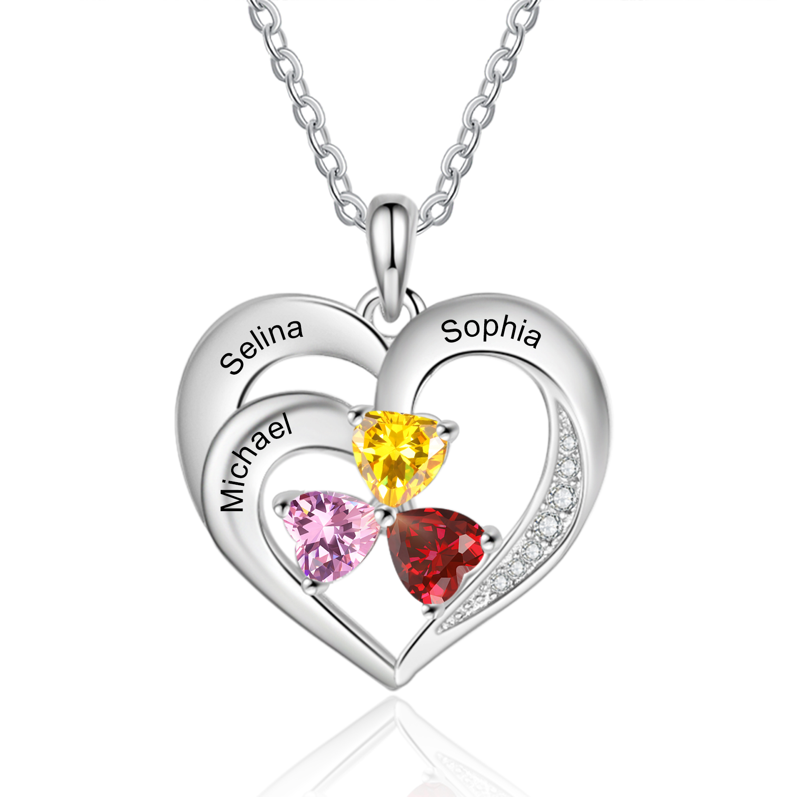 Custom 3 Names Personalised Heart Birthstone Necklace Gift for Mother Necklace Birthday Gift for Her-Jessemade AU