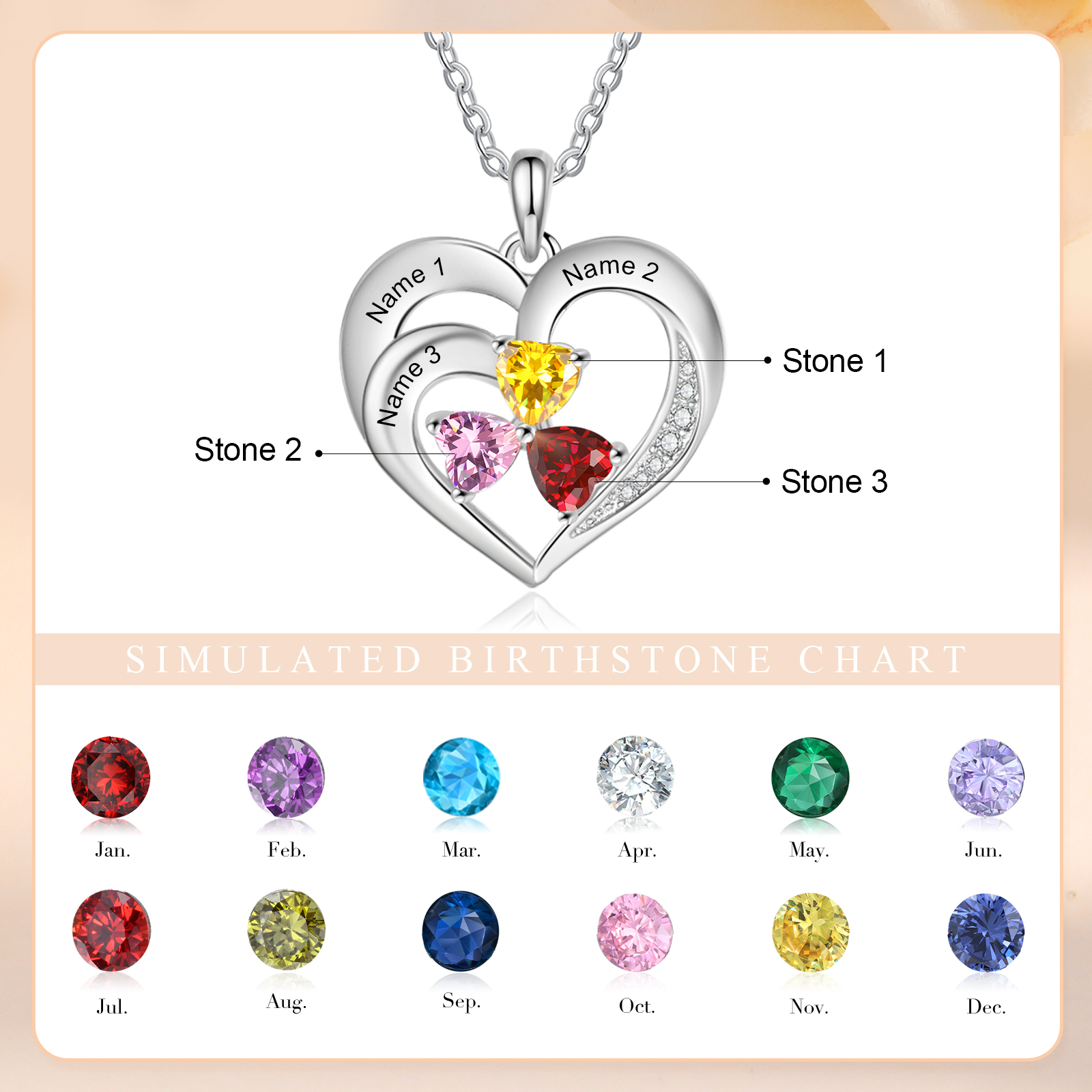 Custom 3 Names Personalised Heart Birthstone Necklace Gift for Mother Necklace Birthday Gift for Her-Jessemade AU
