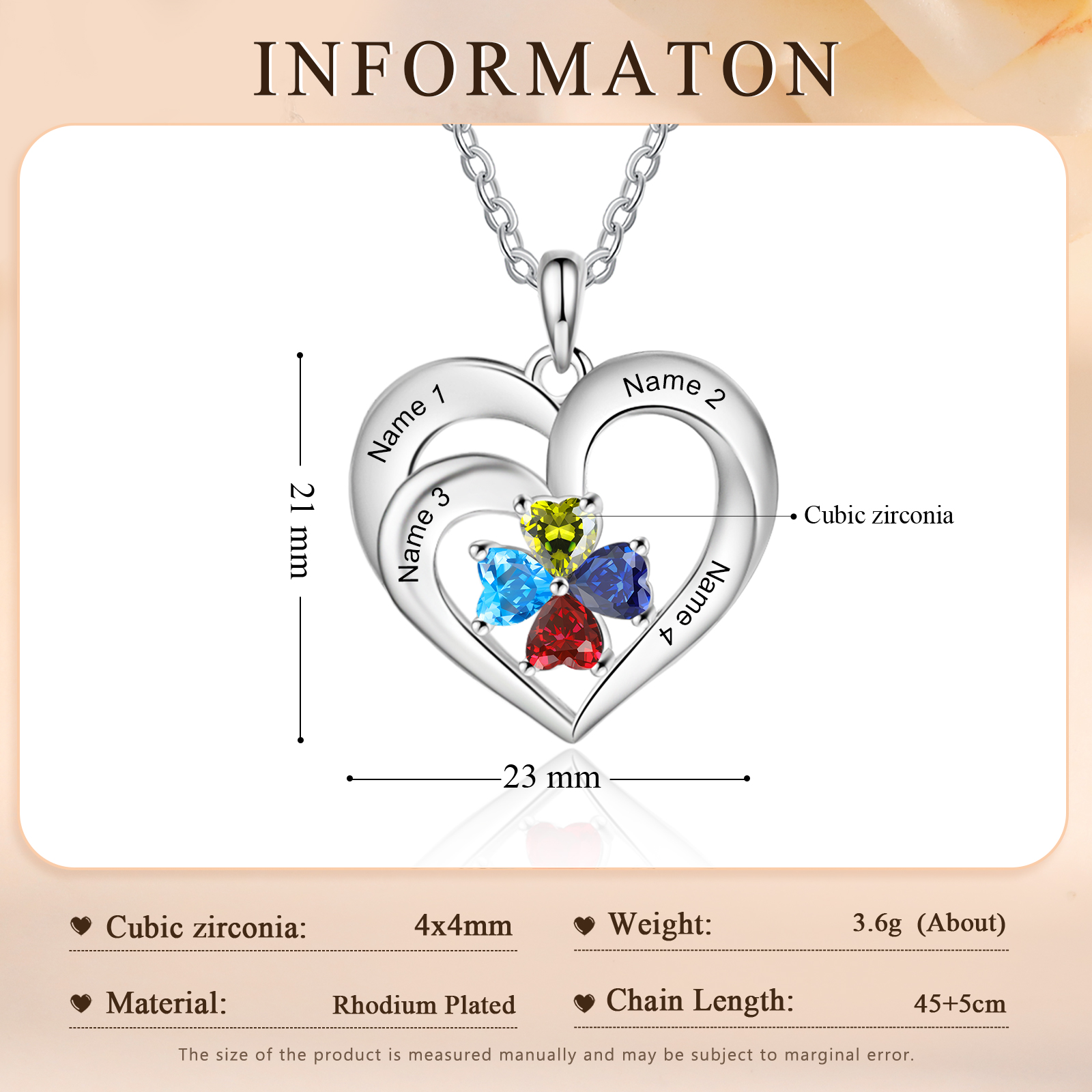 Custom 4 Names Personalised Heart Birthstone Necklace Gift for Mother Necklace Birthday Gift for Her-Jessemade AU