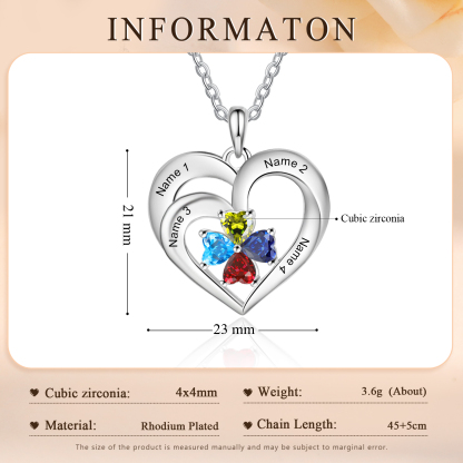 Custom 4 Names Personalised Heart Birthstone Necklace Gift for Mother Necklace Birthday Gift for Her-Jessemade AU
