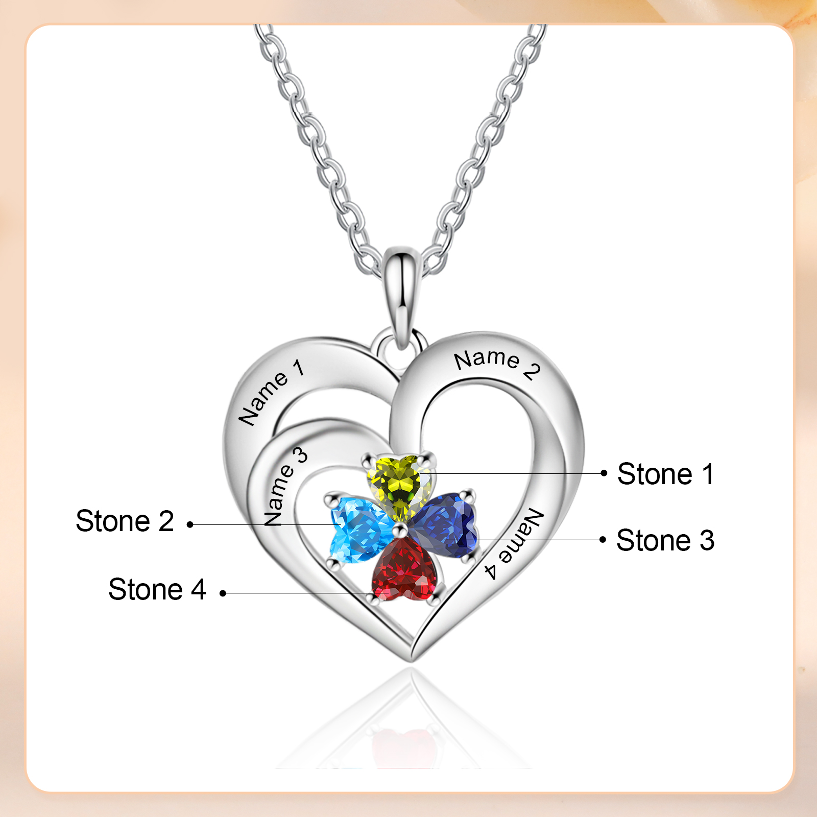 Custom 4 Names Personalised Heart Birthstone Necklace Gift for Mother Necklace Birthday Gift for Her-Jessemade AU