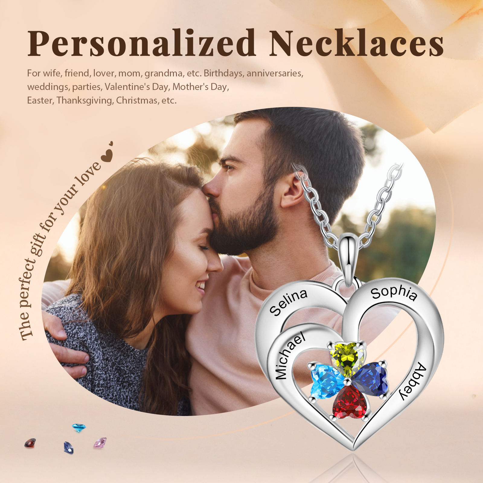Custom 4 Names Personalised Heart Birthstone Necklace Gift for Mother Necklace Birthday Gift for Her-Jessemade AU