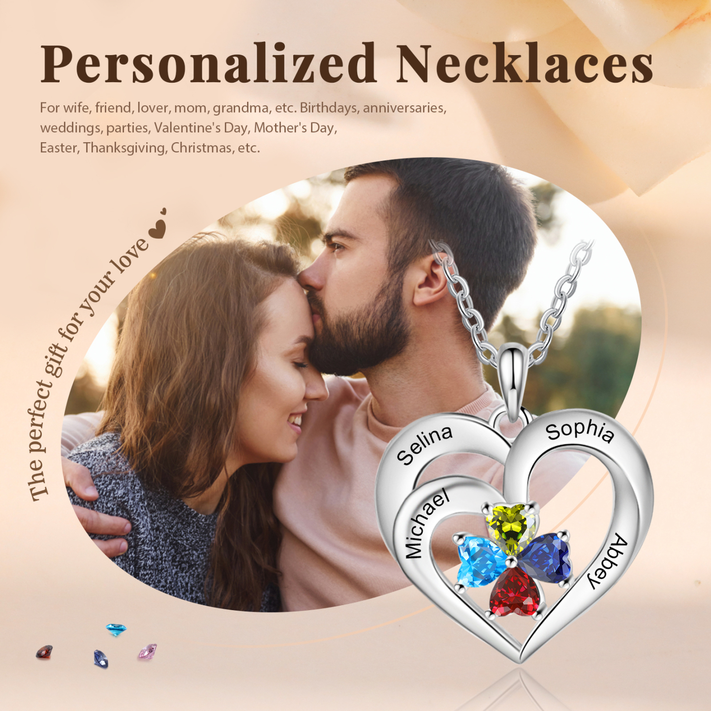 Custom 4 Names Personalised Heart Birthstone Necklace Gift for Mother Necklace Birthday Gift for Her-Jessemade AU