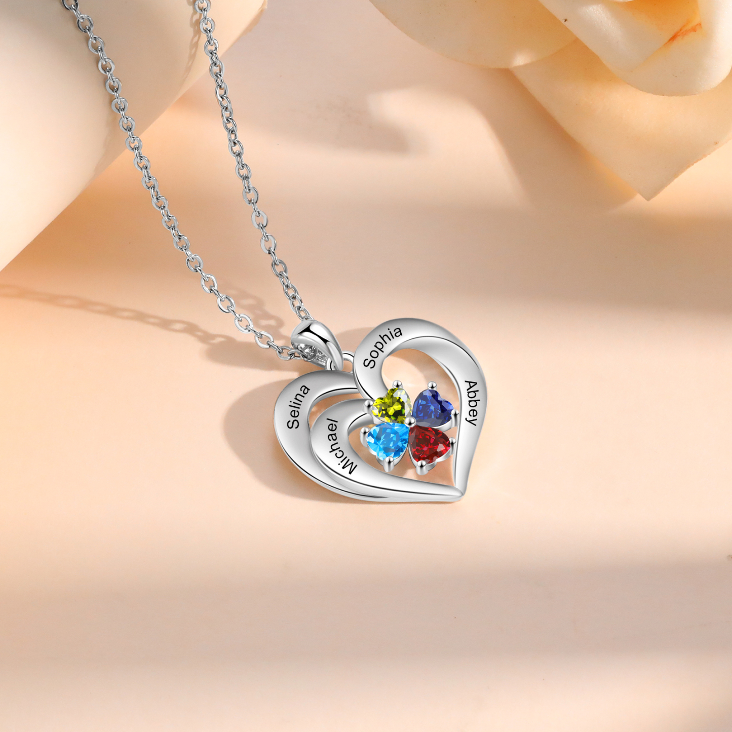 Custom 4 Names Personalised Heart Birthstone Necklace Gift for Mother Necklace Birthday Gift for Her-Jessemade AU