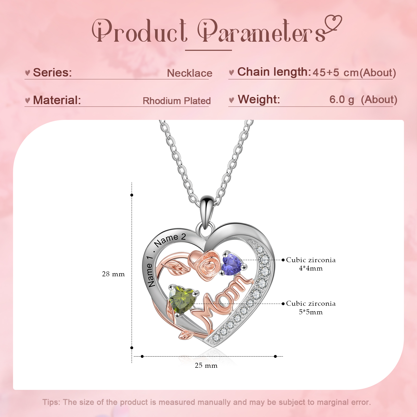 Custom 2 Names Mom Rose Necklace Personalised 2 Heart Birthstones Mother Necklace Gift for Her-Jessemade AU