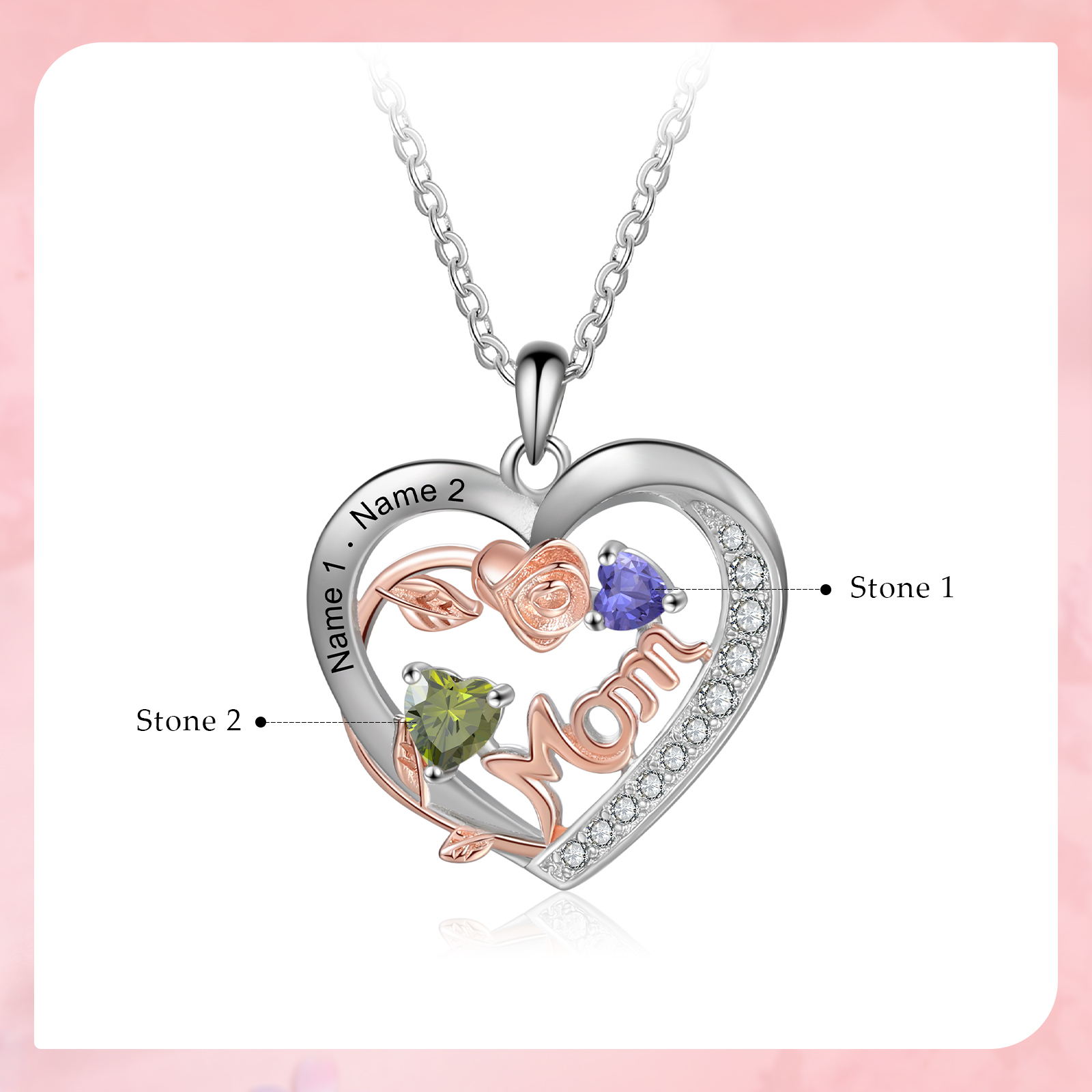 Custom 2 Names Mom Rose Necklace Personalised 2 Heart Birthstones Mother Necklace Gift for Her-Jessemade AU