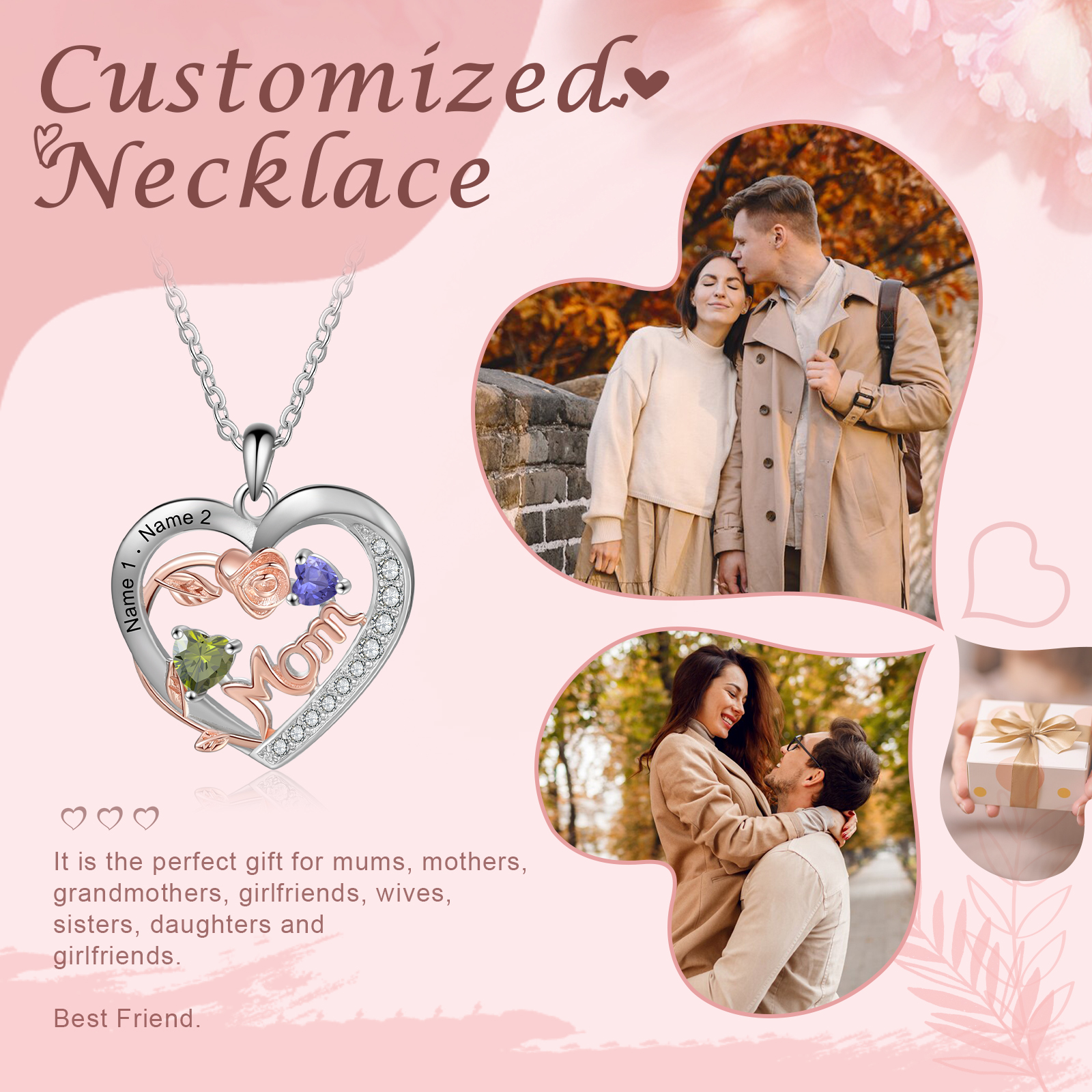 Custom 2 Names Mom Rose Necklace Personalised 2 Heart Birthstones Mother Necklace Gift for Her-Jessemade AU