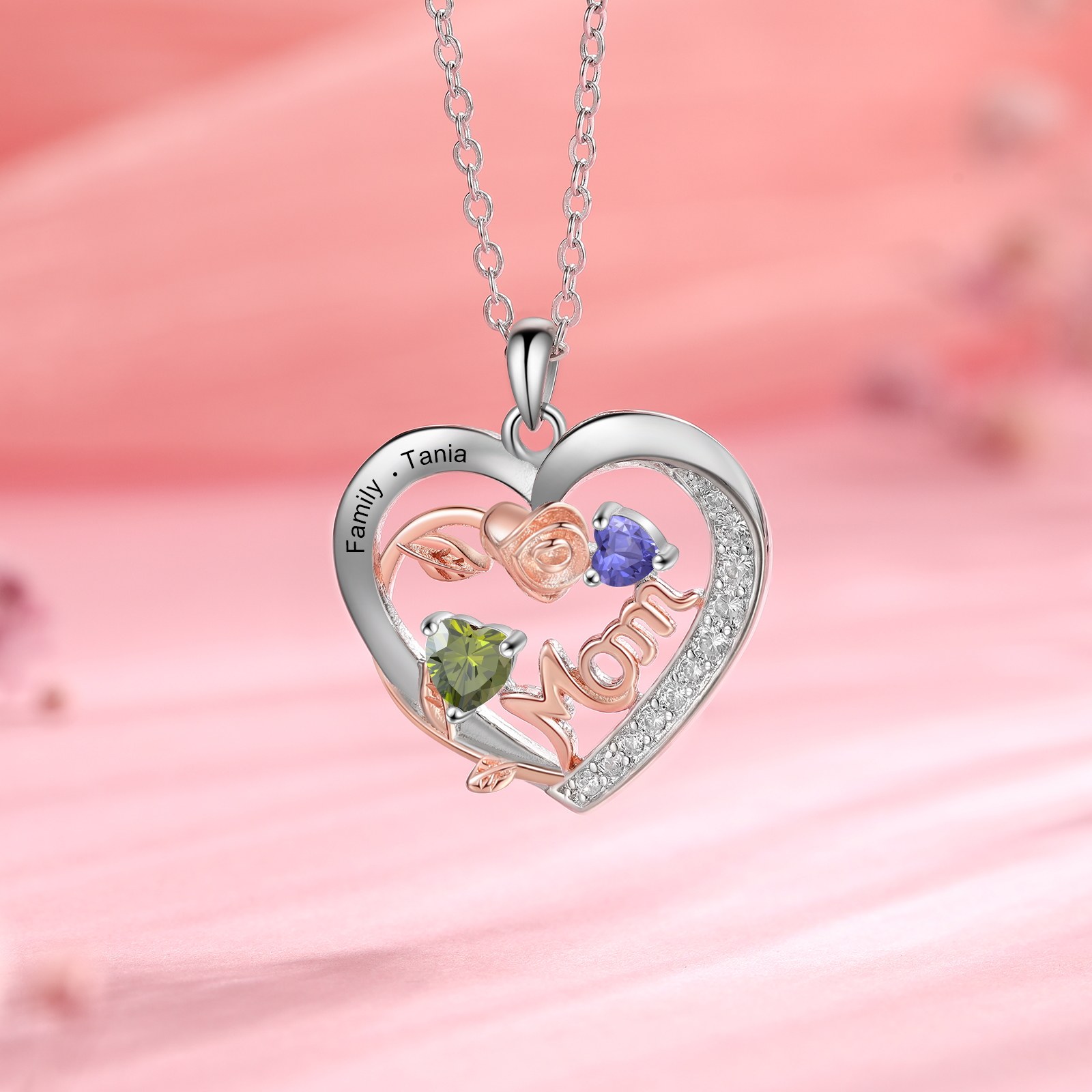 Custom 2 Names Mom Rose Necklace Personalised 2 Heart Birthstones Mother Necklace Gift for Her-Jessemade AU