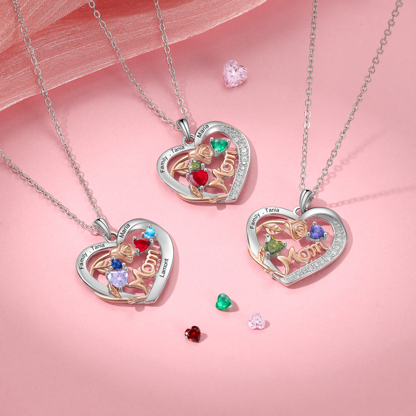 Custom 2 Names Mom Rose Necklace Personalised 2 Heart Birthstones Mother Necklace Gift for Her-Jessemade AU