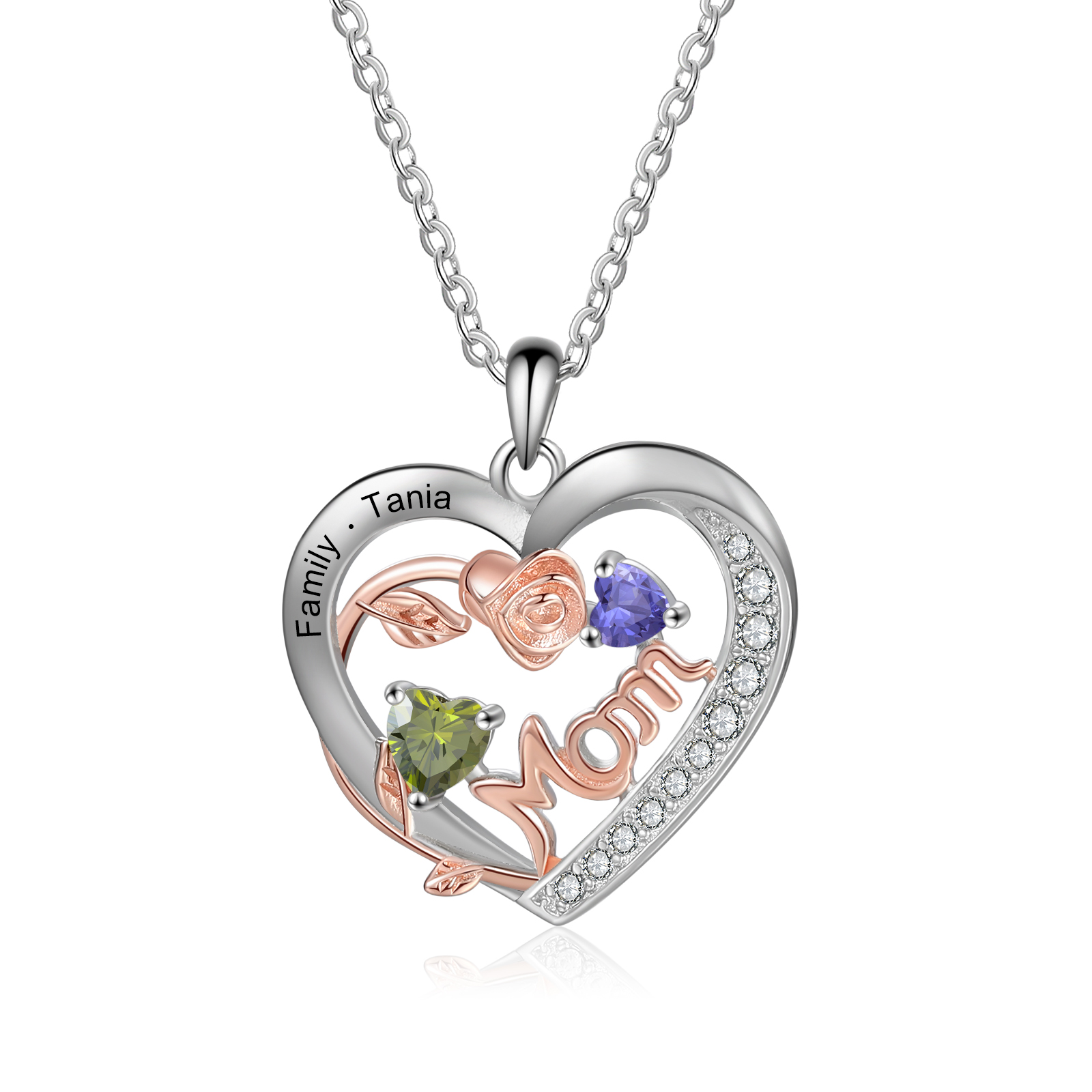 Custom 2 Names Mom Rose Necklace Personalised 2 Heart Birthstones Mother Necklace Gift for Her-Jessemade AU