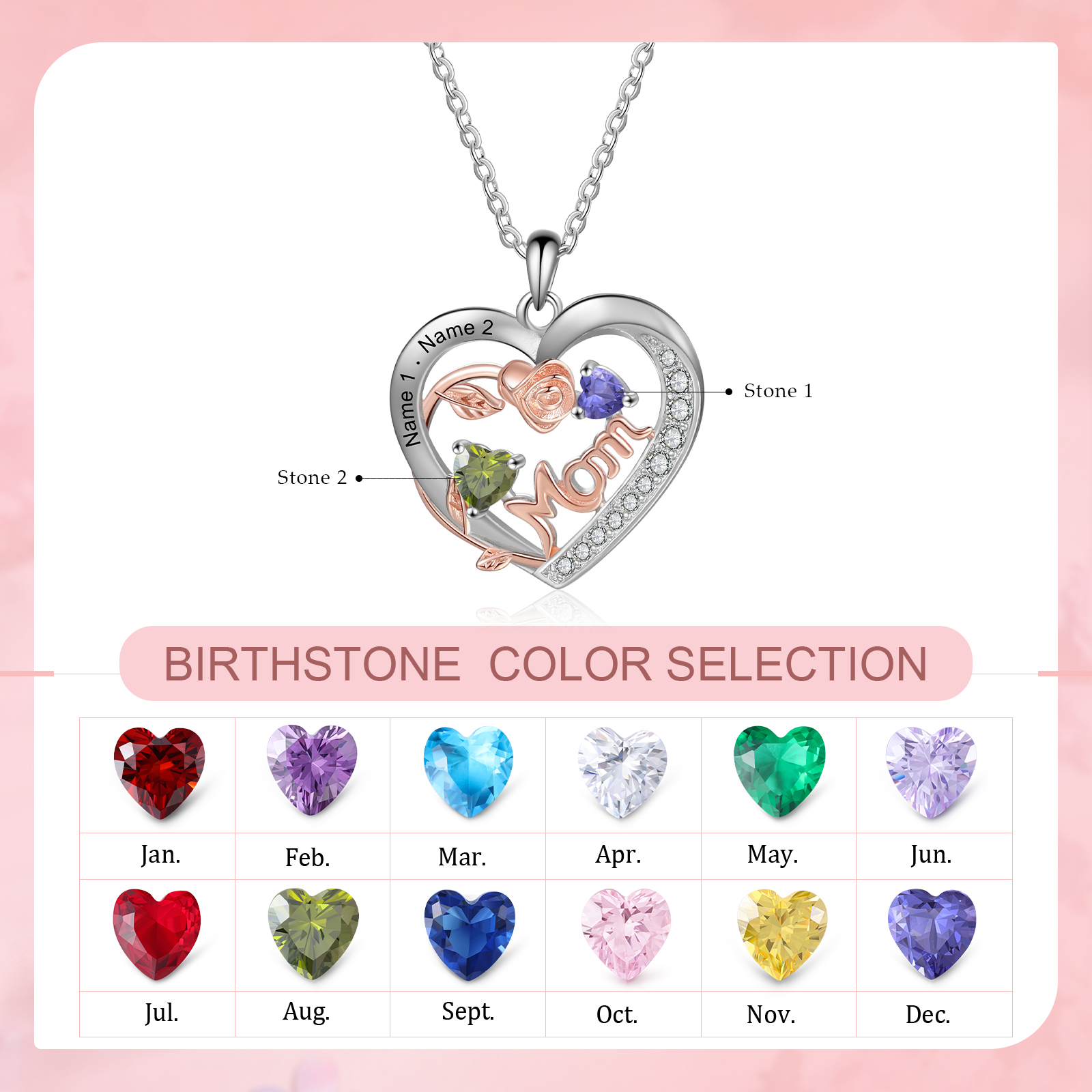 Custom 2 Names Mom Rose Necklace Personalised 2 Heart Birthstones Mother Necklace Gift for Her-Jessemade AU