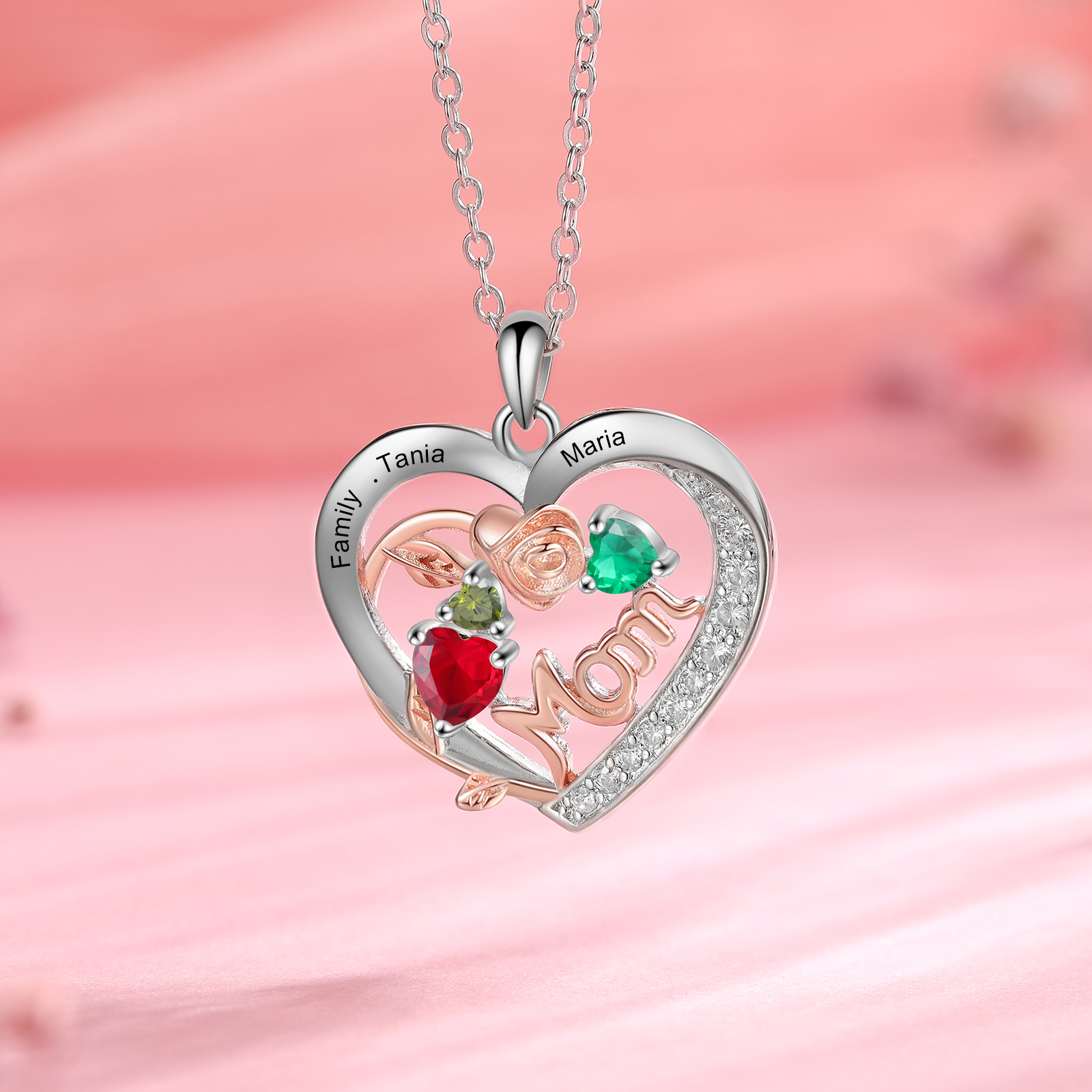 Custom 3 Names Mom Rose Necklace Personalised 3 Heart Birthstones Mother Necklace Gift for Her-Jessemade AU