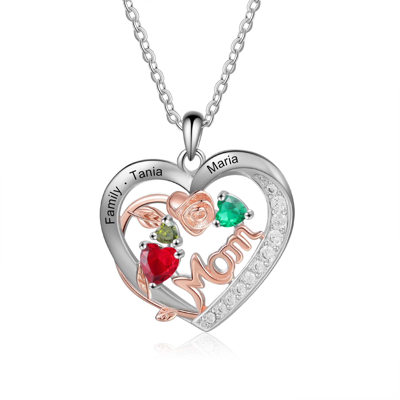 Custom 3 Names Mom Rose Necklace Personalised 3 Heart Birthstones Mother Necklace Gift for Her-Jessemade AU