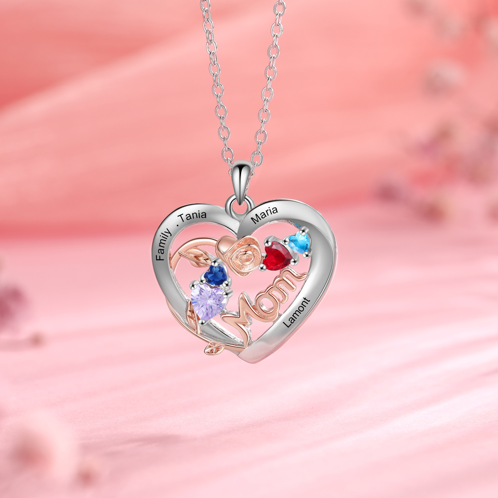 Custom 4 Names Mom Rose Necklace Personalised 4 Heart Birthstones Mother Necklace Gift for Her-Jessemade AU