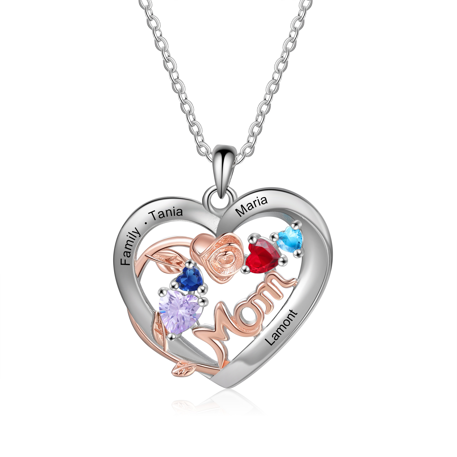 Custom 4 Names Mom Rose Necklace Personalised 4 Heart Birthstones Mother Necklace Gift for Her-Jessemade AU