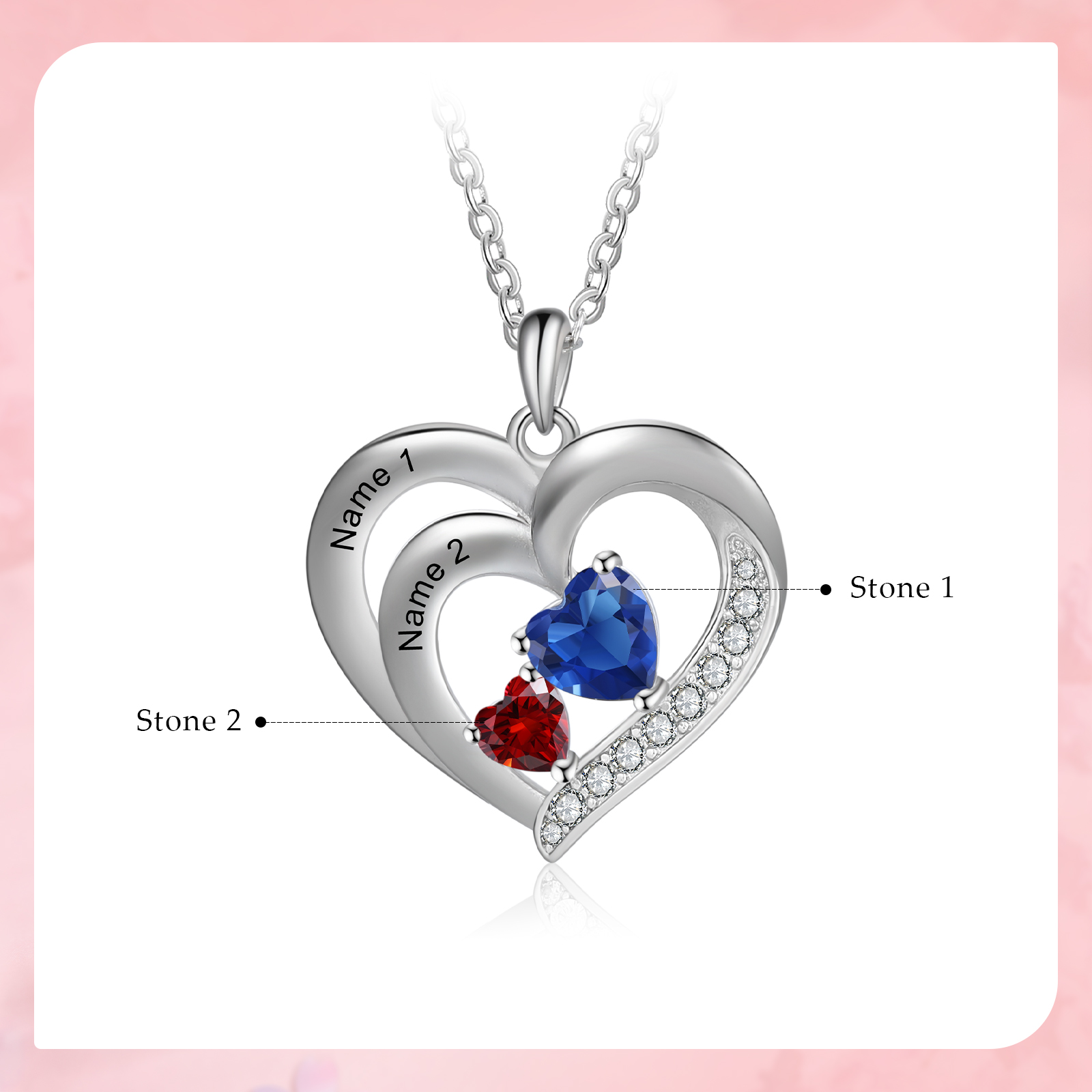 Personalised Heart Birthstone Necklace Custom 2 Names 2 Stones Intertwined Mother Necklace Gift for Her-Jessemade AU