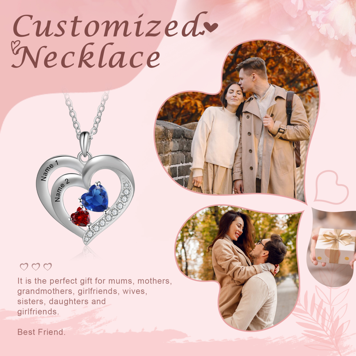 Personalised Heart Birthstone Necklace Custom 2 Names 2 Stones Intertwined Mother Necklace Gift for Her-Jessemade AU