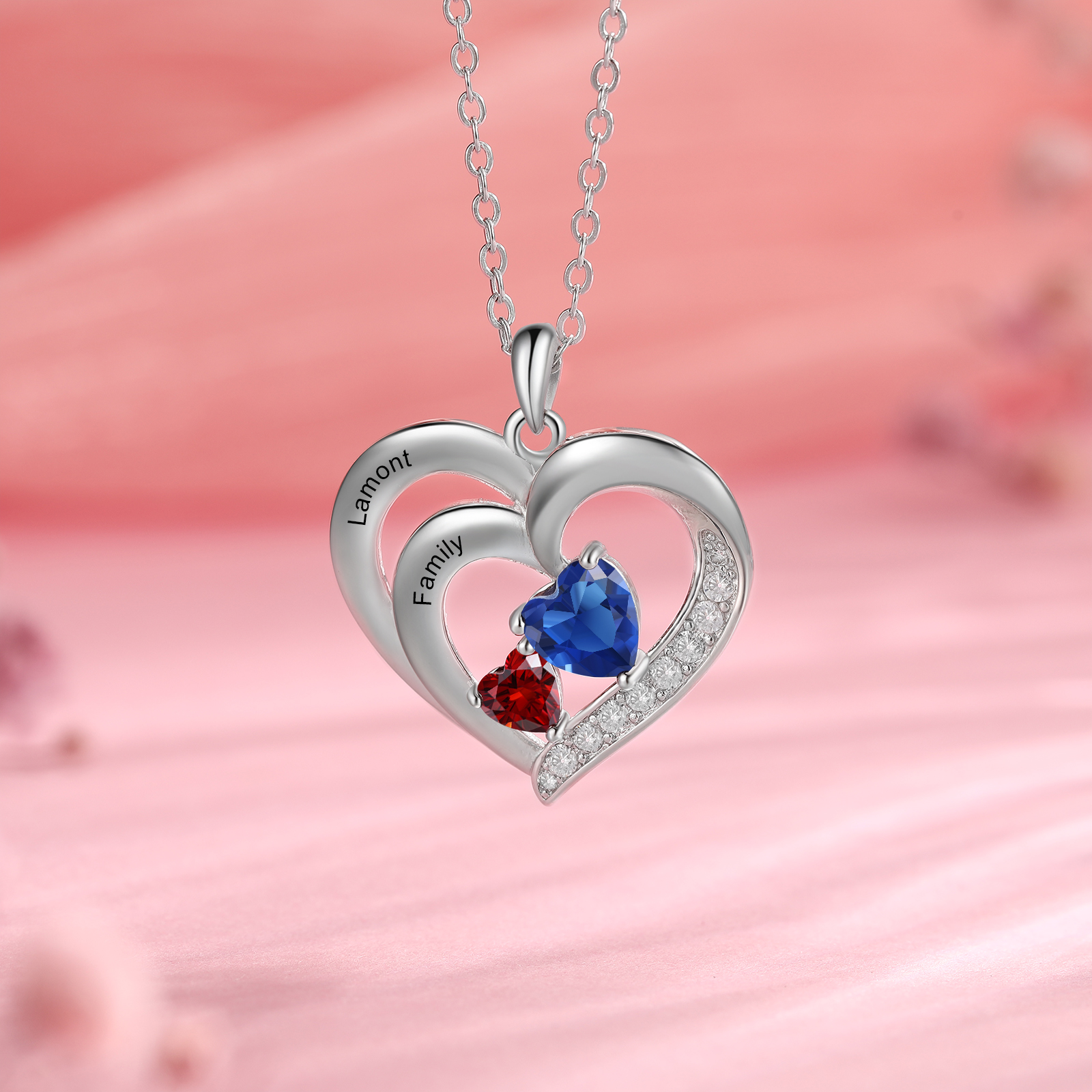 Personalised Heart Birthstone Necklace Custom 2 Names 2 Stones Intertwined Mother Necklace Gift for Her-Jessemade AU