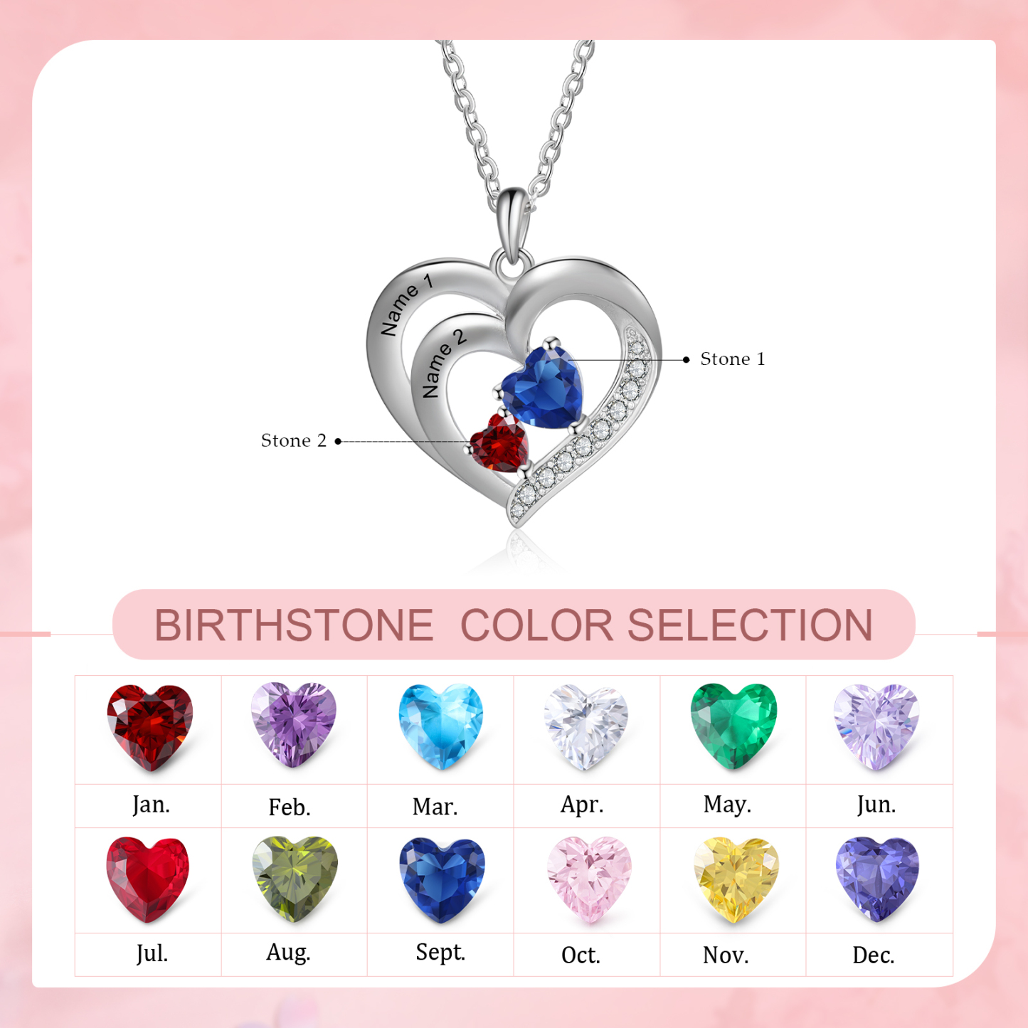 Personalised Heart Birthstone Necklace Custom 2 Names 2 Stones Intertwined Mother Necklace Gift for Her-Jessemade AU