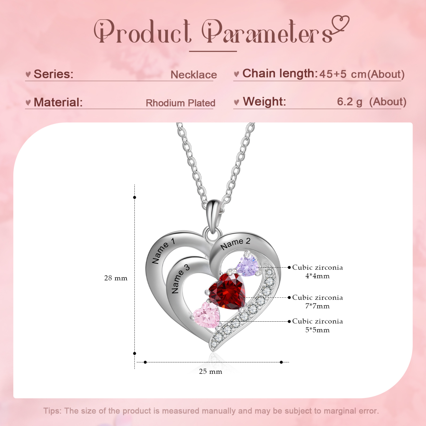 Personalised Heart Birthstone Necklace Custom 3 Names 3 Stones Intertwined Mother Necklace Gift for Her-Jessemade AU