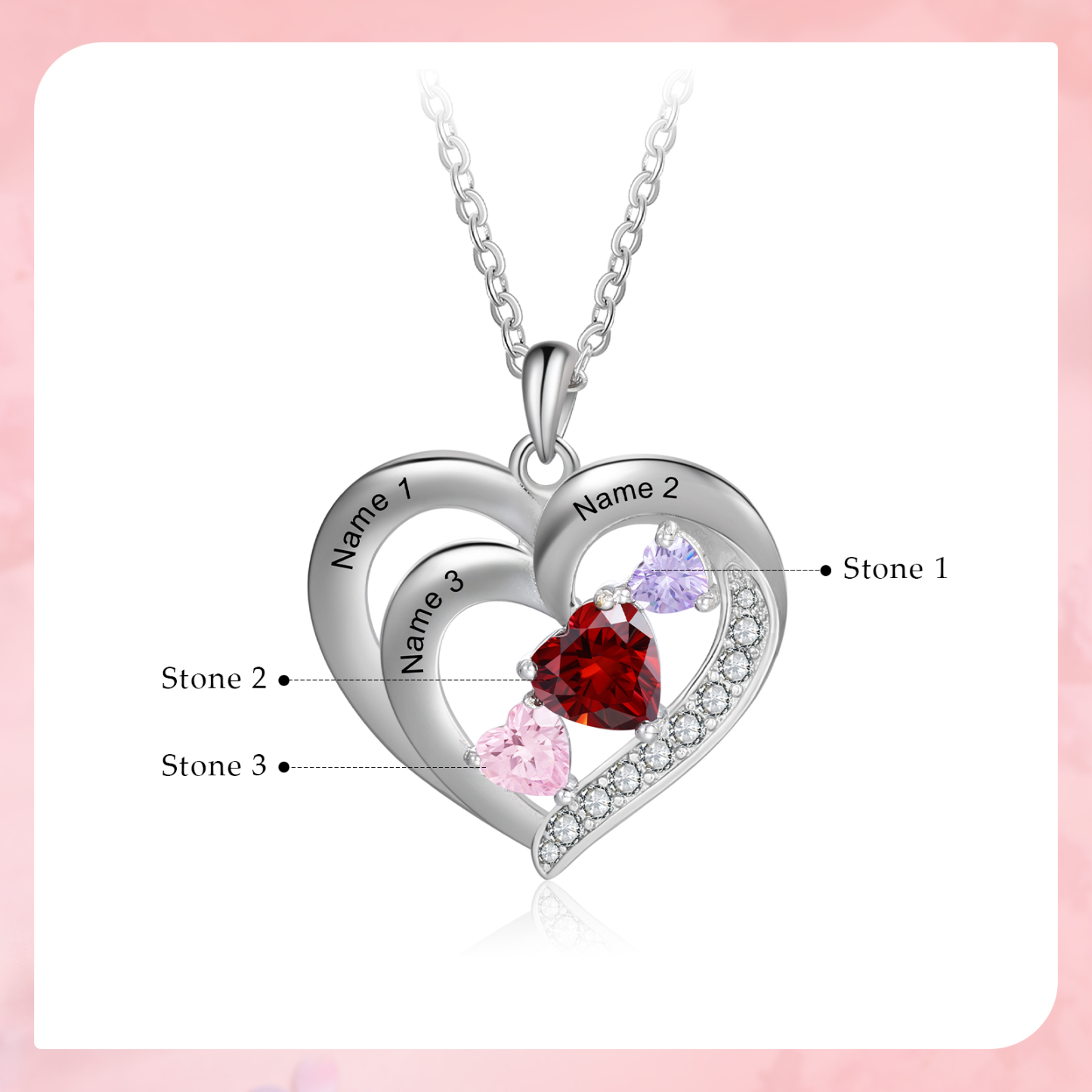 Personalised Heart Birthstone Necklace Custom 3 Names 3 Stones Intertwined Mother Necklace Gift for Her-Jessemade AU