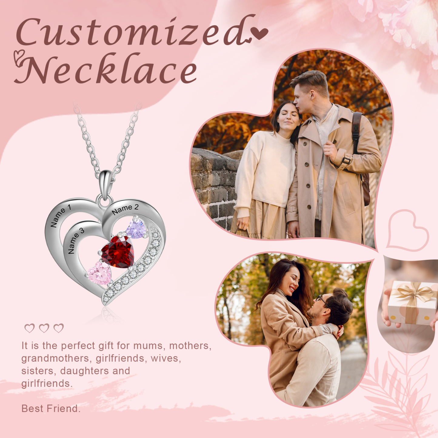 Personalised Heart Birthstone Necklace Custom 3 Names 3 Stones Intertwined Mother Necklace Gift for Her-Jessemade AU